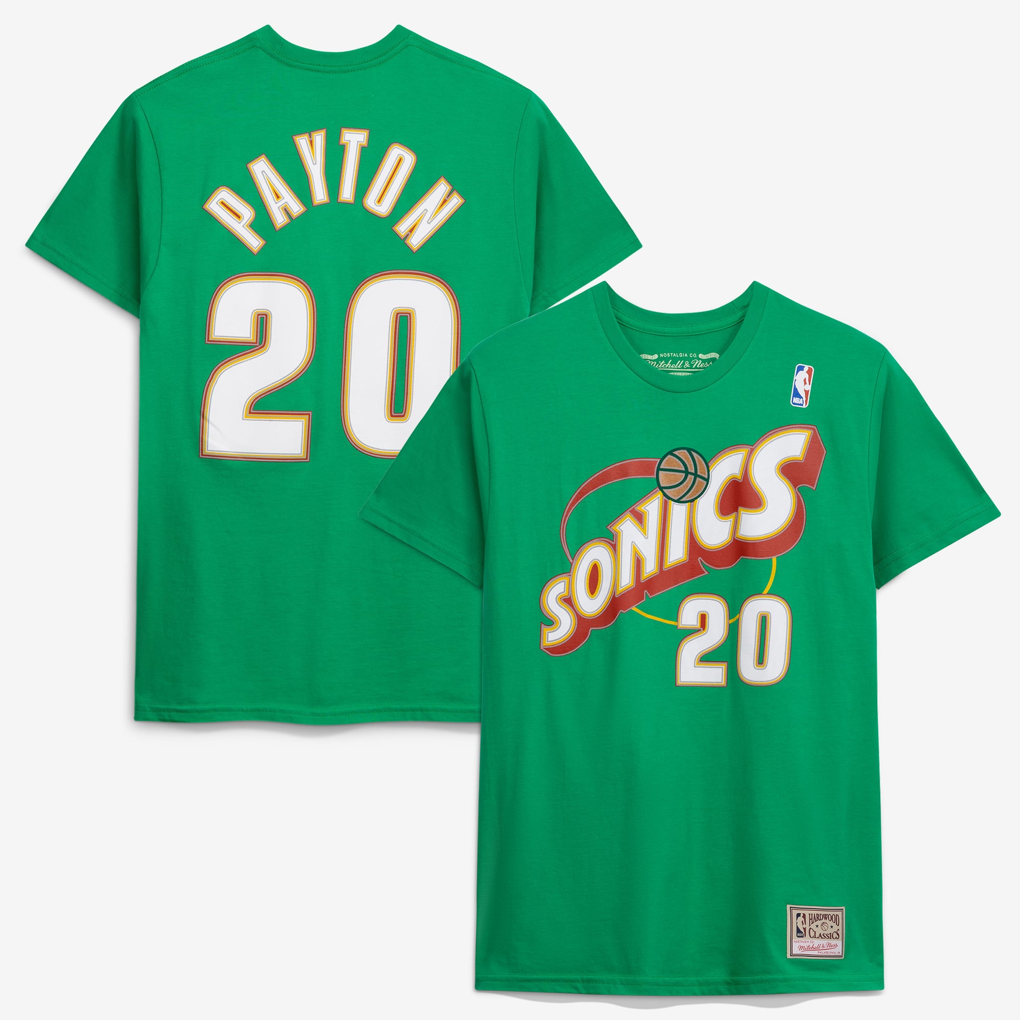 Men's Mitchell & Ness Gary Payton Green Seattle SuperSonics Hardwood Classics Stitch Player Name & Number T-Shirt