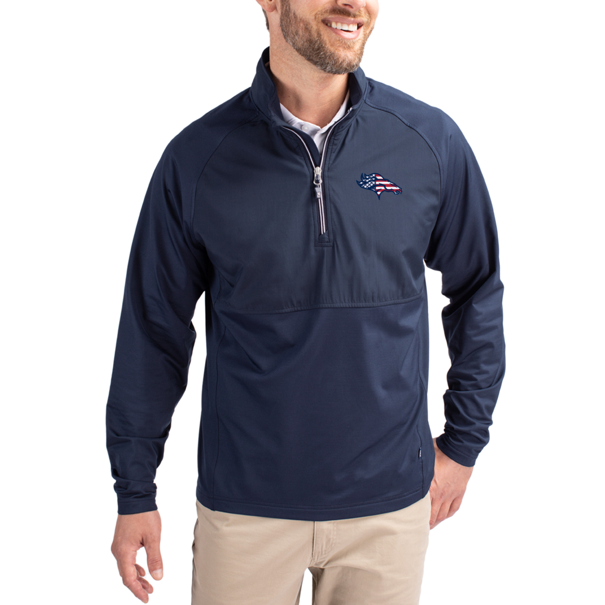 Men's Cutter & Buck Navy Denver Broncos Adapt Eco Knit Hybrid Recycled Quarter-Zip Pullover Top