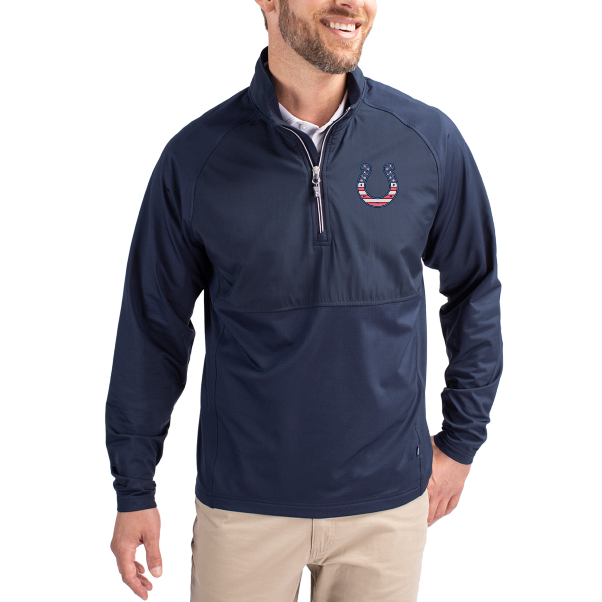 Men's Cutter & Buck Navy Indianapolis Colts Adapt Eco Knit Hybrid Recycled Quarter-Zip Pullover Top