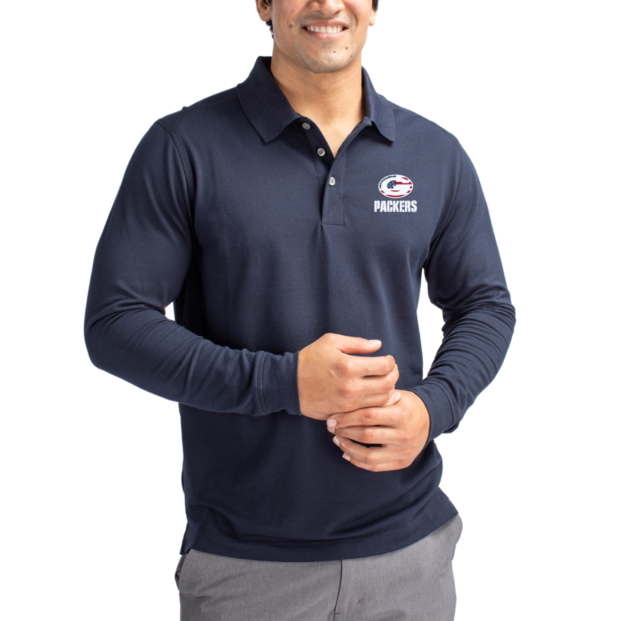 Men's Cutter & Buck Navy Green Bay Packers Advantage Pique Long Sleeve Polo