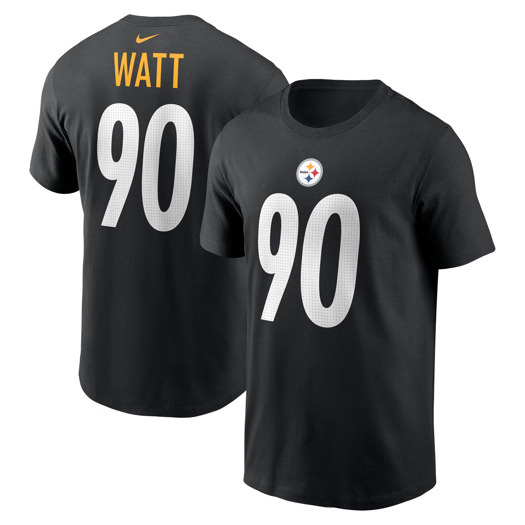 Camiseta negra Nike para hombre de T.J. Watt de los Pittsburgh Steelers con nombre y número.