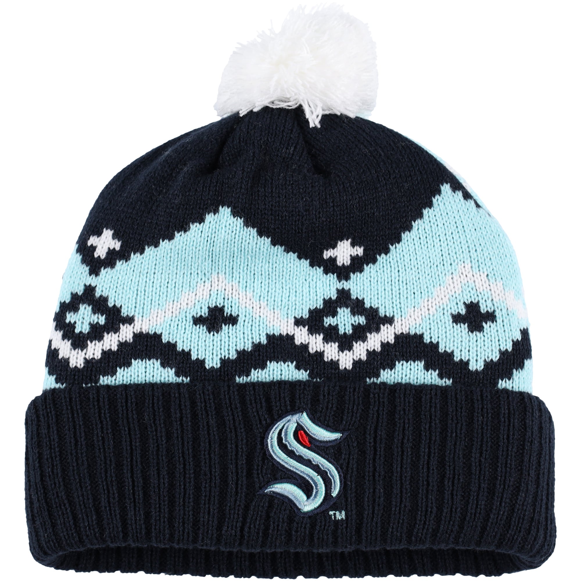 Youth Deep Sea Blue/Light Blue Seattle Kraken Patchwork Cuffed Knit Hat with Pom