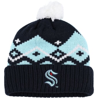 Youth Deep Sea Blue/Light Blue Seattle Kraken Patchwork Cuffed Knit Hat with Pom