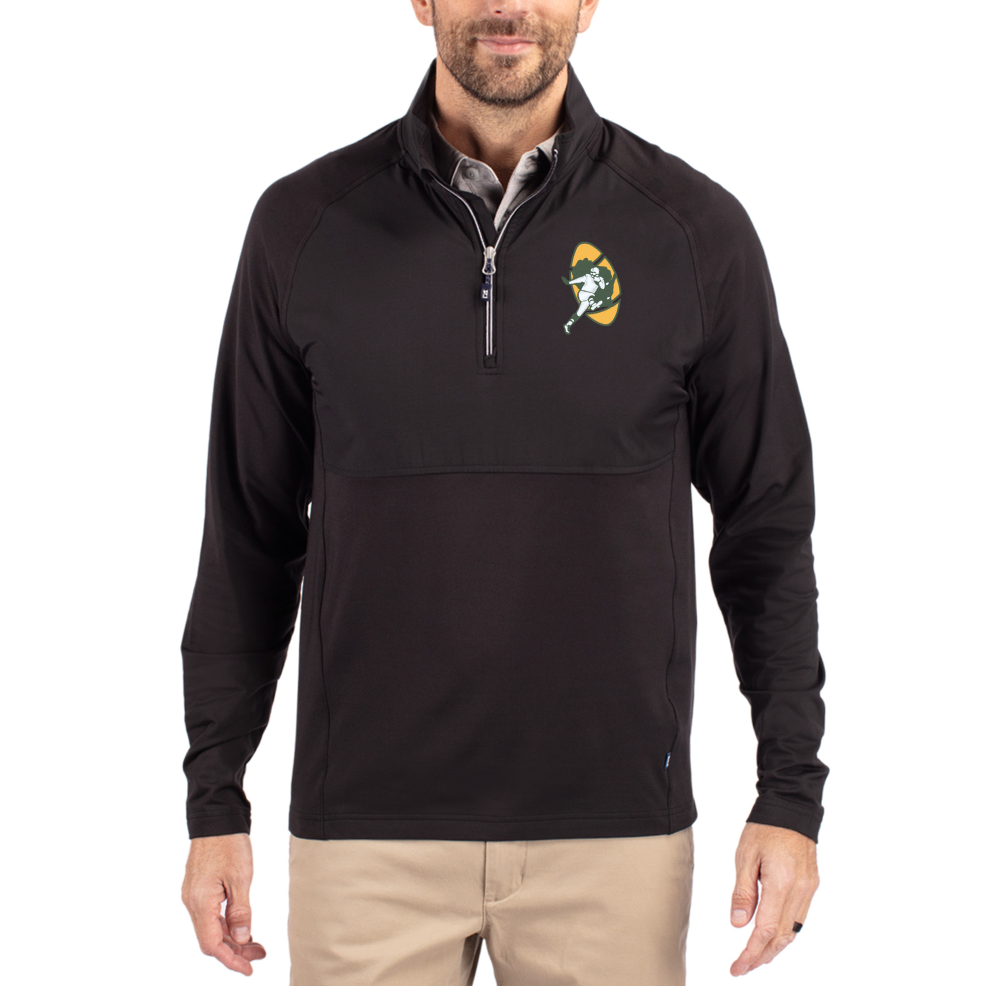 Men's Cutter & Buck Black Green Bay Packers Adapt Eco Knit Hybrid Throwback Recycled Quarter-Zip Pullover