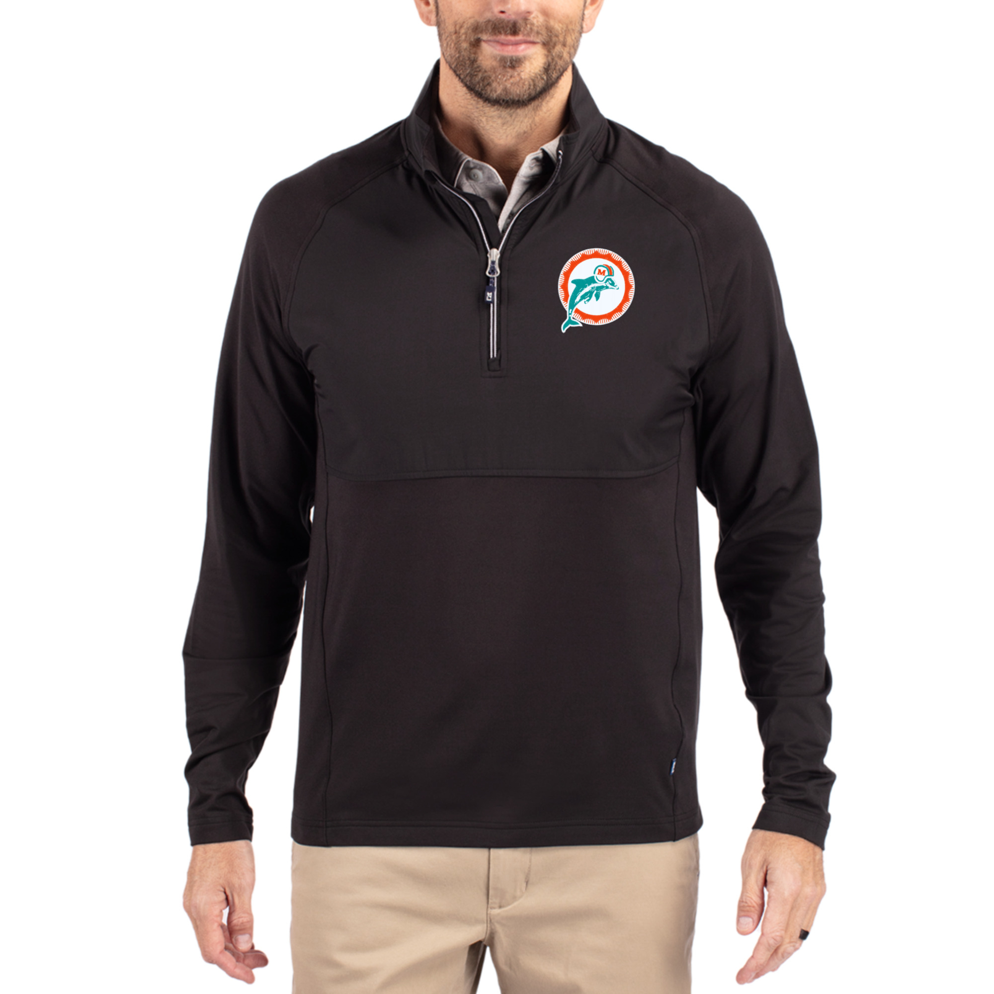Men's Cutter & Buck Black Miami Dolphins Adapt Eco Knit Hybrid Recycled Quarter-Zip Throwback Pullover Top