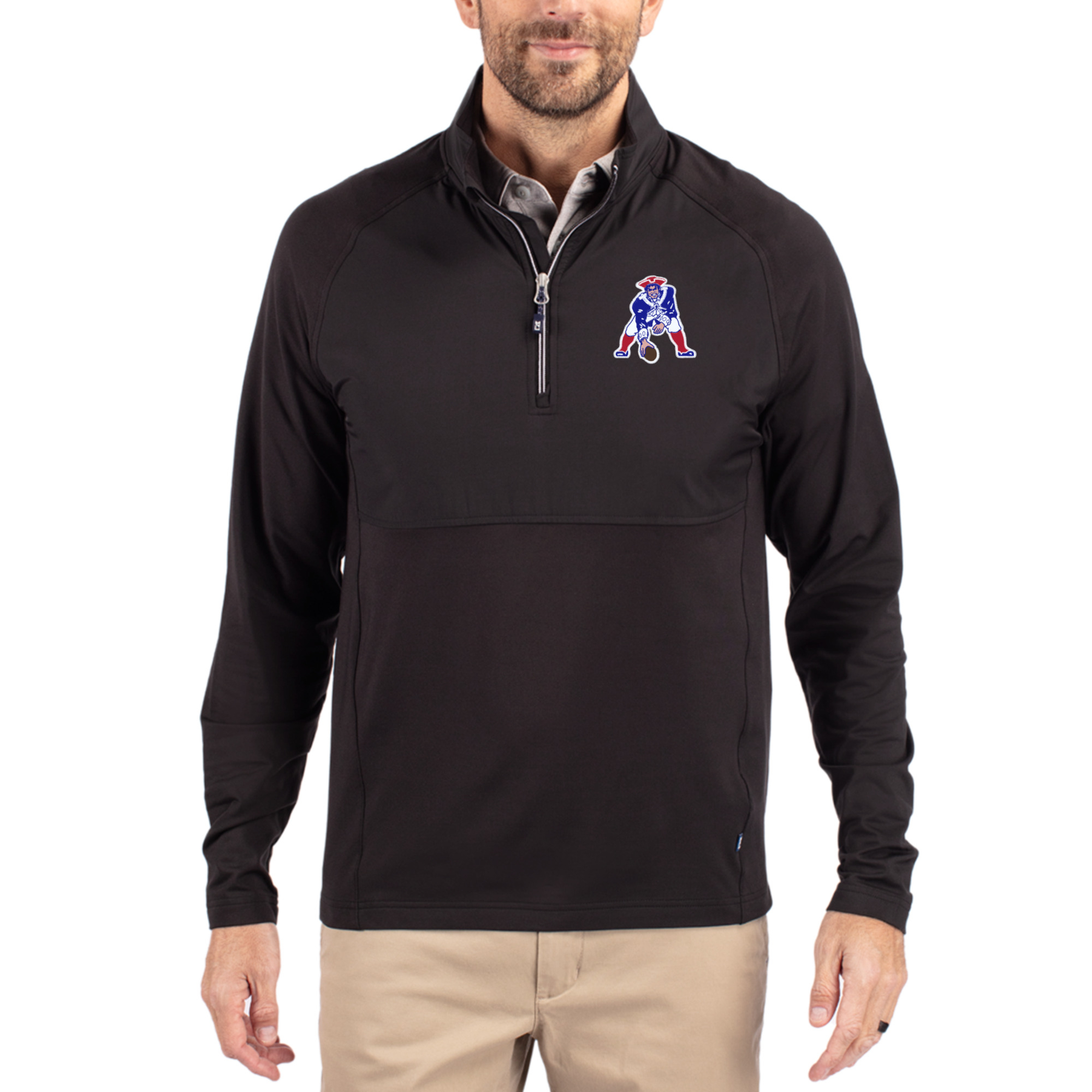 Men's Cutter & Buck Black New England Patriots Adapt Eco Knit Hybrid Recycled Quarter-Zip Throwback Pullover Top