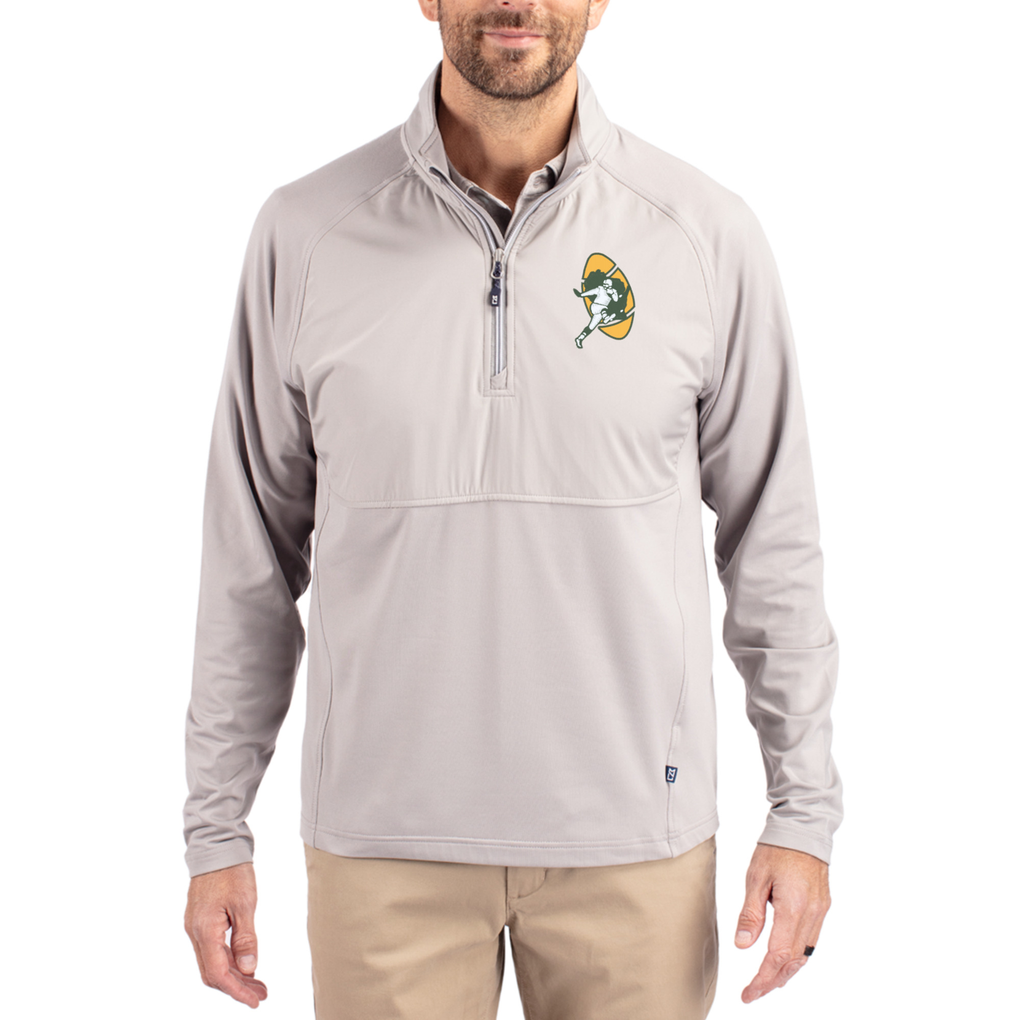Men's Cutter & Buck Gray Green Bay Packers Adapt Eco Knit Hybrid Recycled Quarter-Zip Throwback Pullover Top