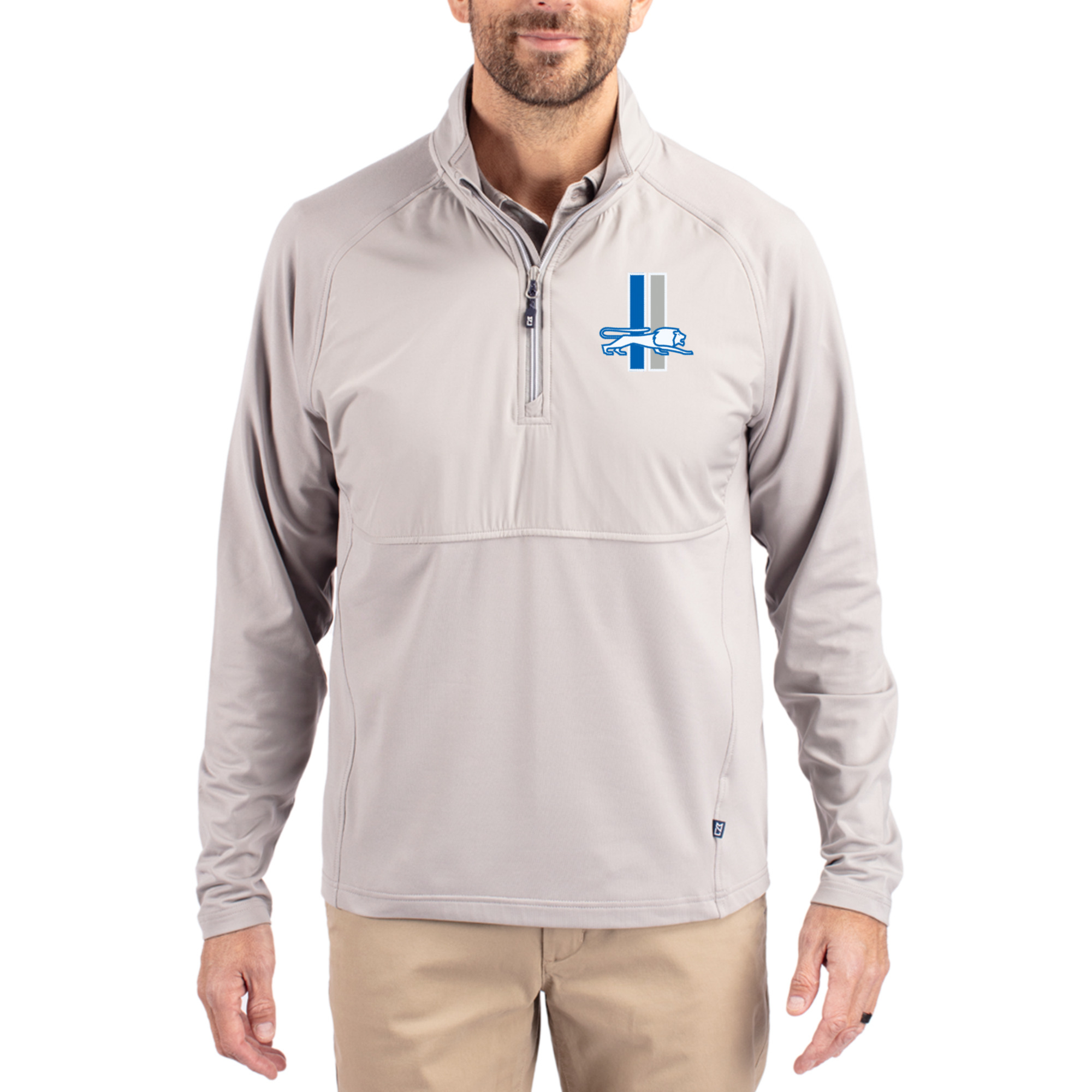 Men's Cutter & Buck Gray Detroit Lions Adapt Eco Knit Hybrid Recycled Quarter-Zip Throwback Pullover Top