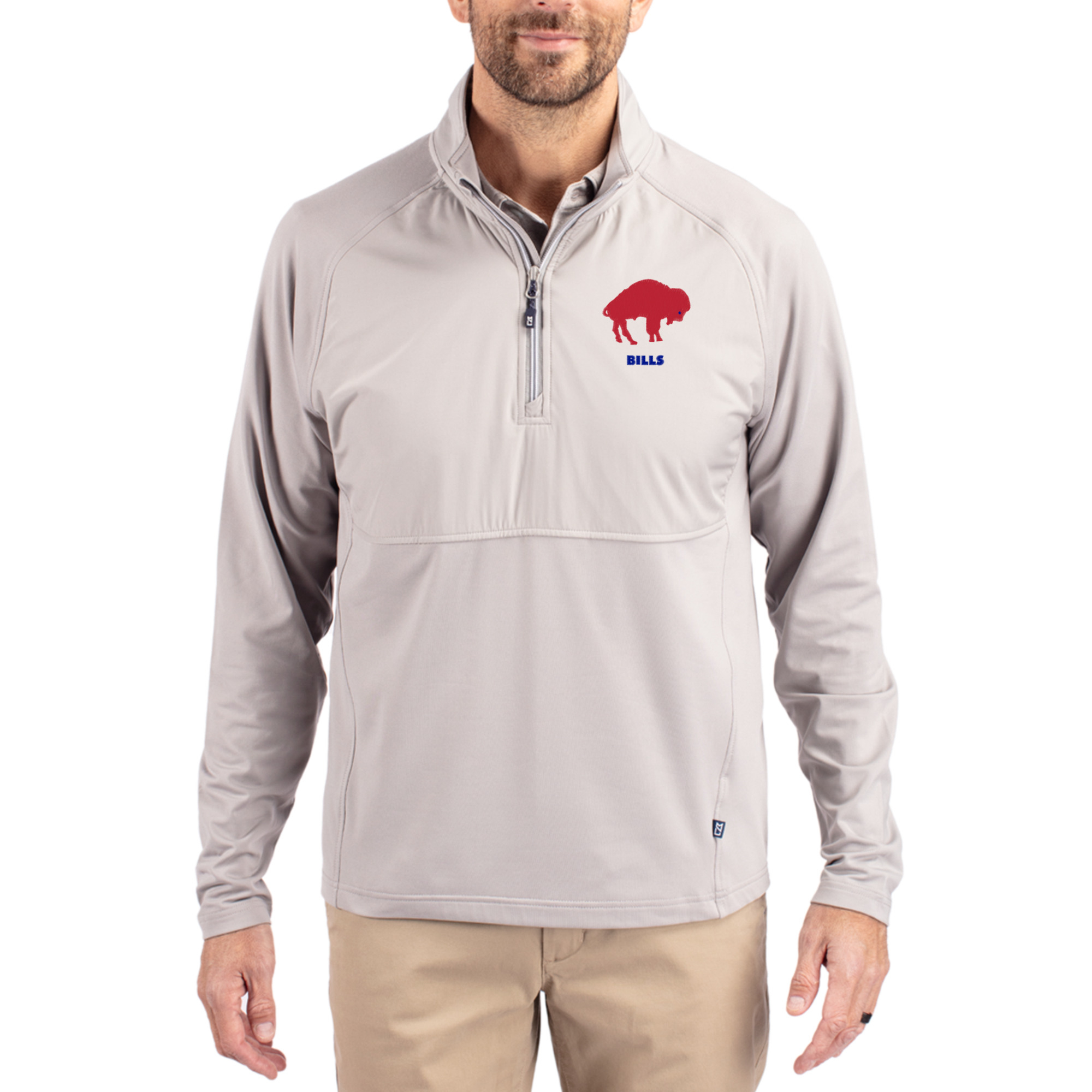 Men's Cutter & Buck Gray Buffalo Bills Adapt Eco Knit Hybrid Recycled Quarter-Zip Throwback Pullover Top