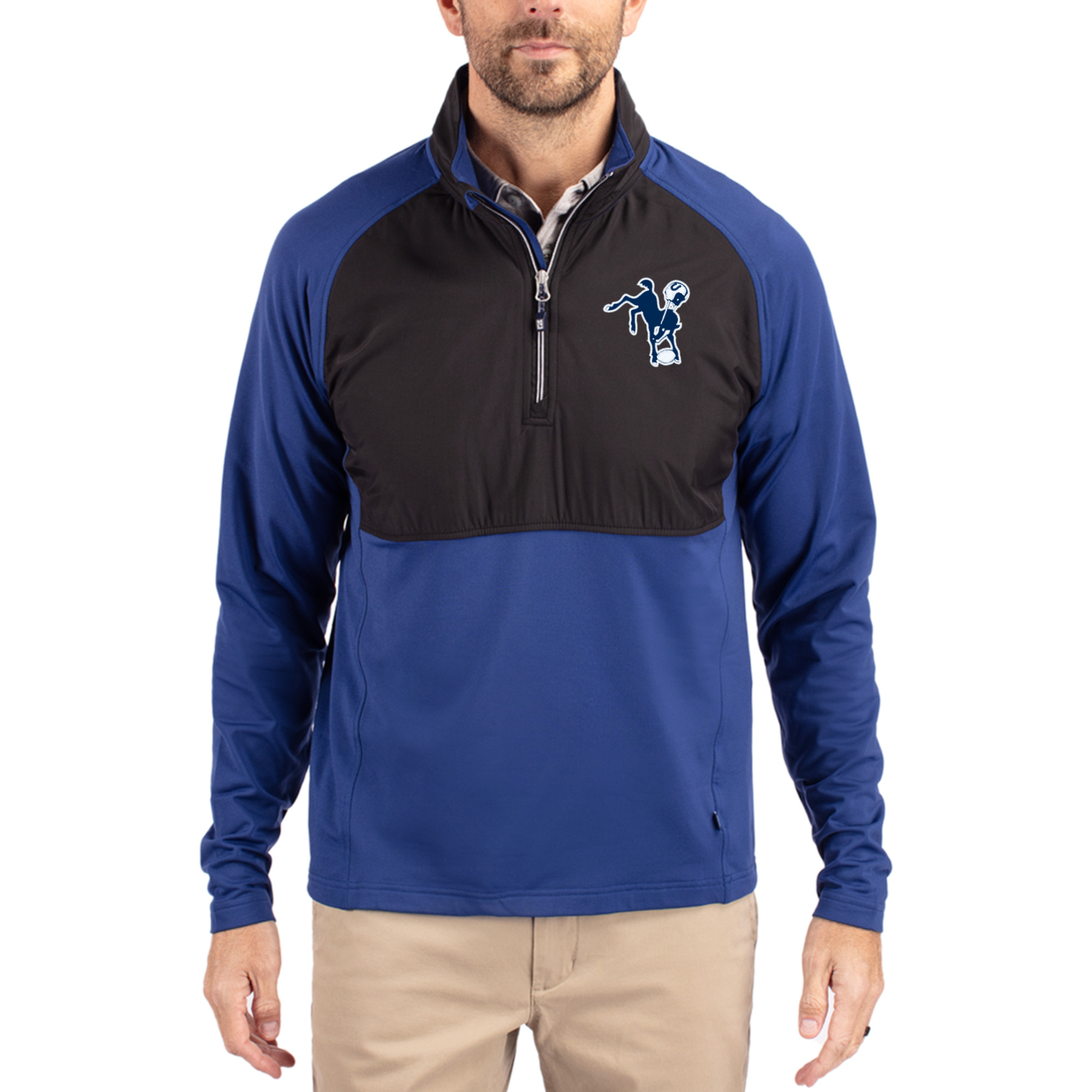 Men's Cutter & Buck Royal/Black Indianapolis Colts Adapt Eco Knit Hybrid Recycled Quarter-Zip Throwback Pullover Top