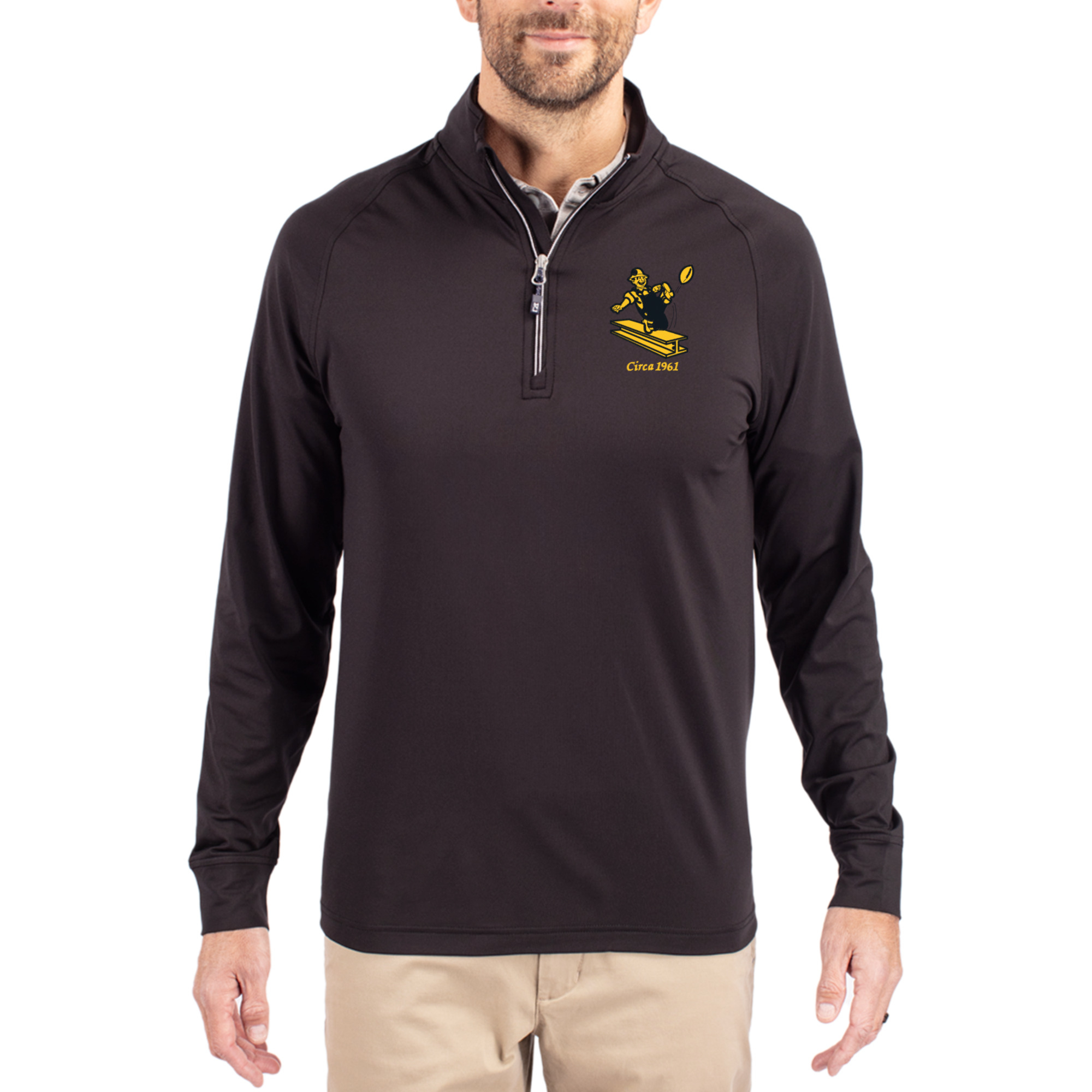 Men's Cutter & Buck Black Pittsburgh Steelers Adapt Eco Knit Stretch Recycled Quarter-Zip Throwback Pullover Top