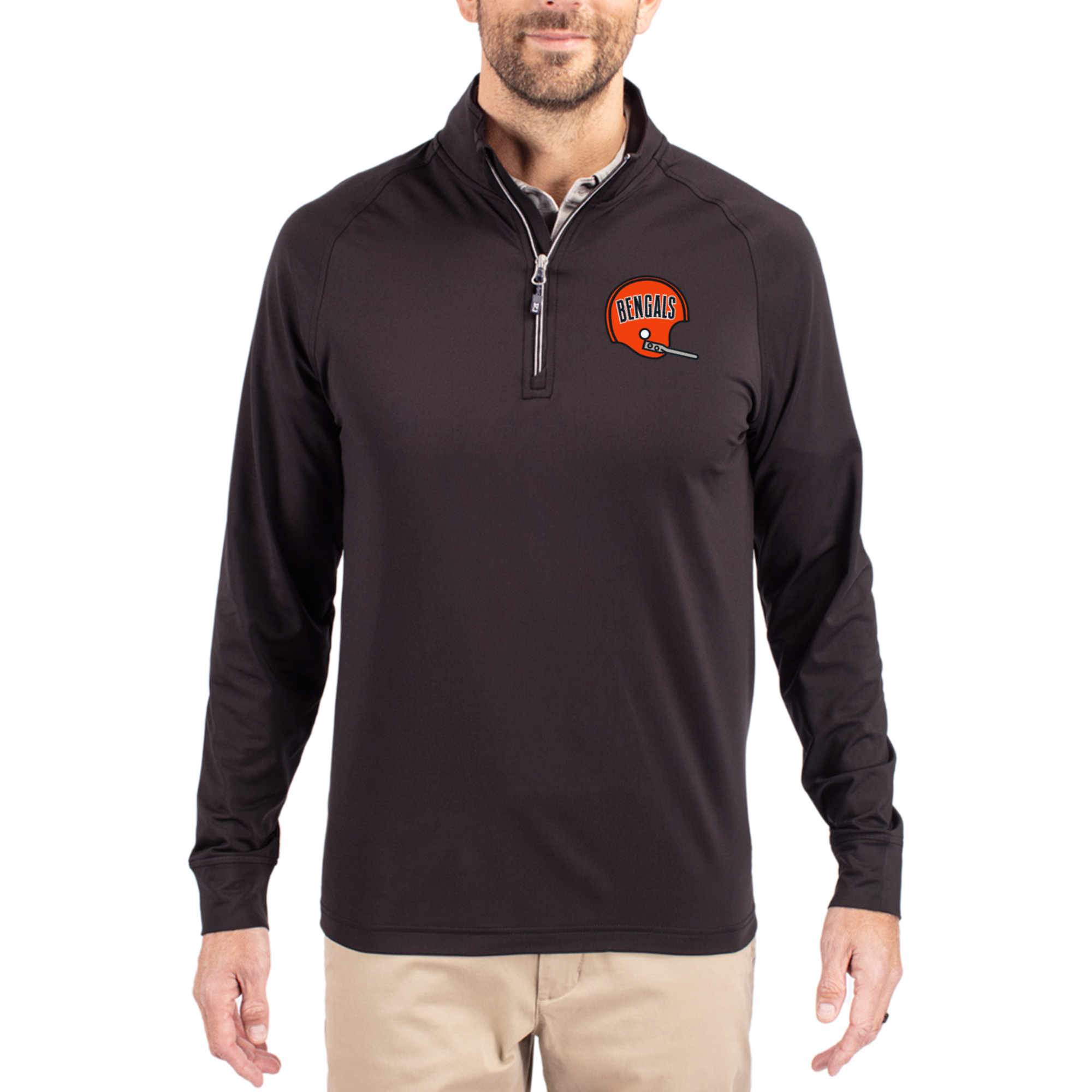 Men's Cutter & Buck Black Cincinnati Bengals Adapt Eco Knit Stretch Recycled Quarter-Zip Throwback Pullover Top