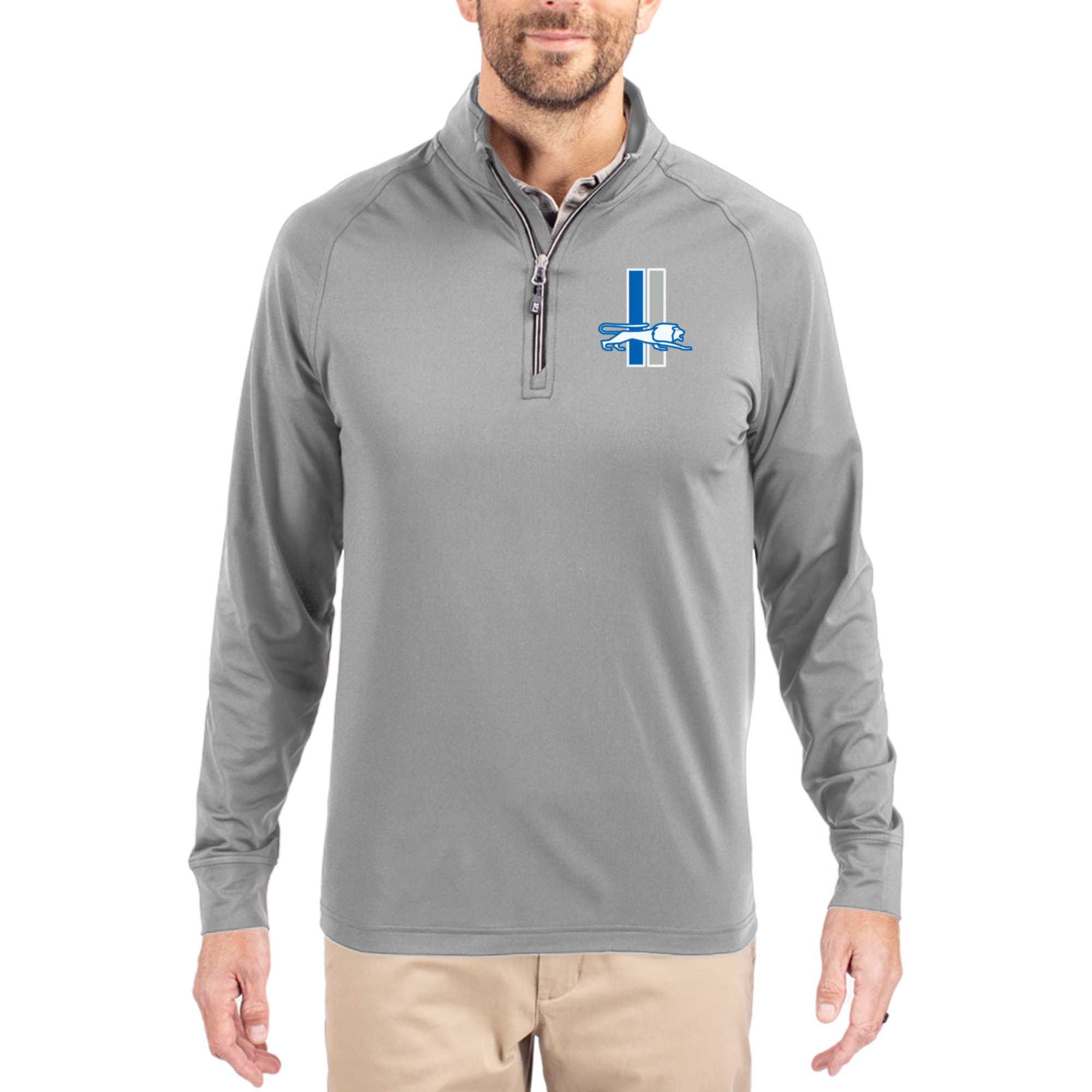 Men's Cutter & Buck Gray Detroit Lions Adapt Eco Knit Stretch Recycled Quarter-Zip Throwback Pullover Top