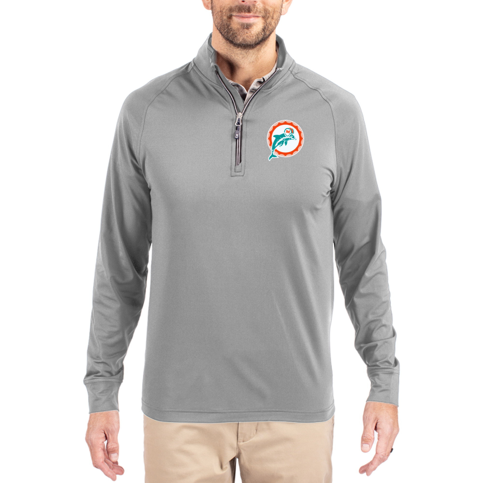 Men's Cutter & Buck Gray Miami Dolphins Adapt Eco Knit Stretch Recycled Quarter-Zip Throwback Pullover Top