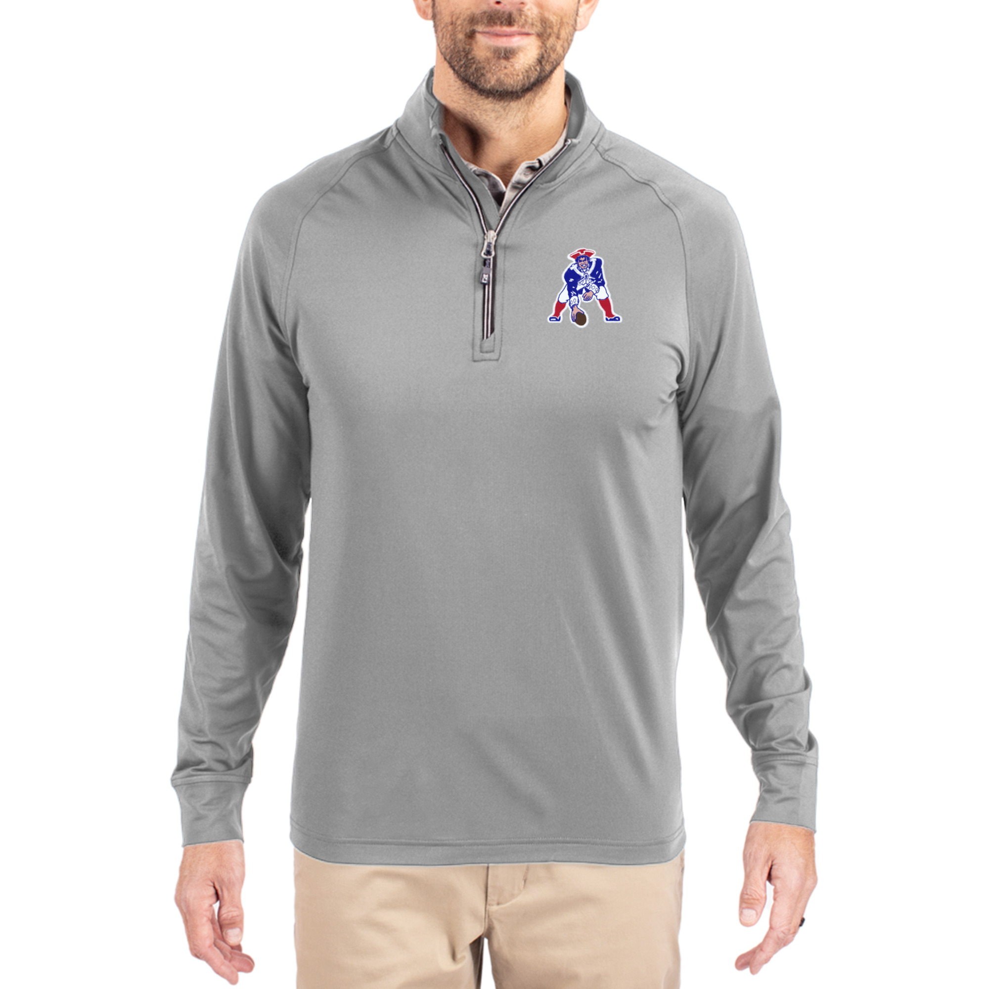 Men's Cutter & Buck Gray New England Patriots Adapt Eco Knit Stretch Recycled Quarter-Zip Throwback Pullover Top