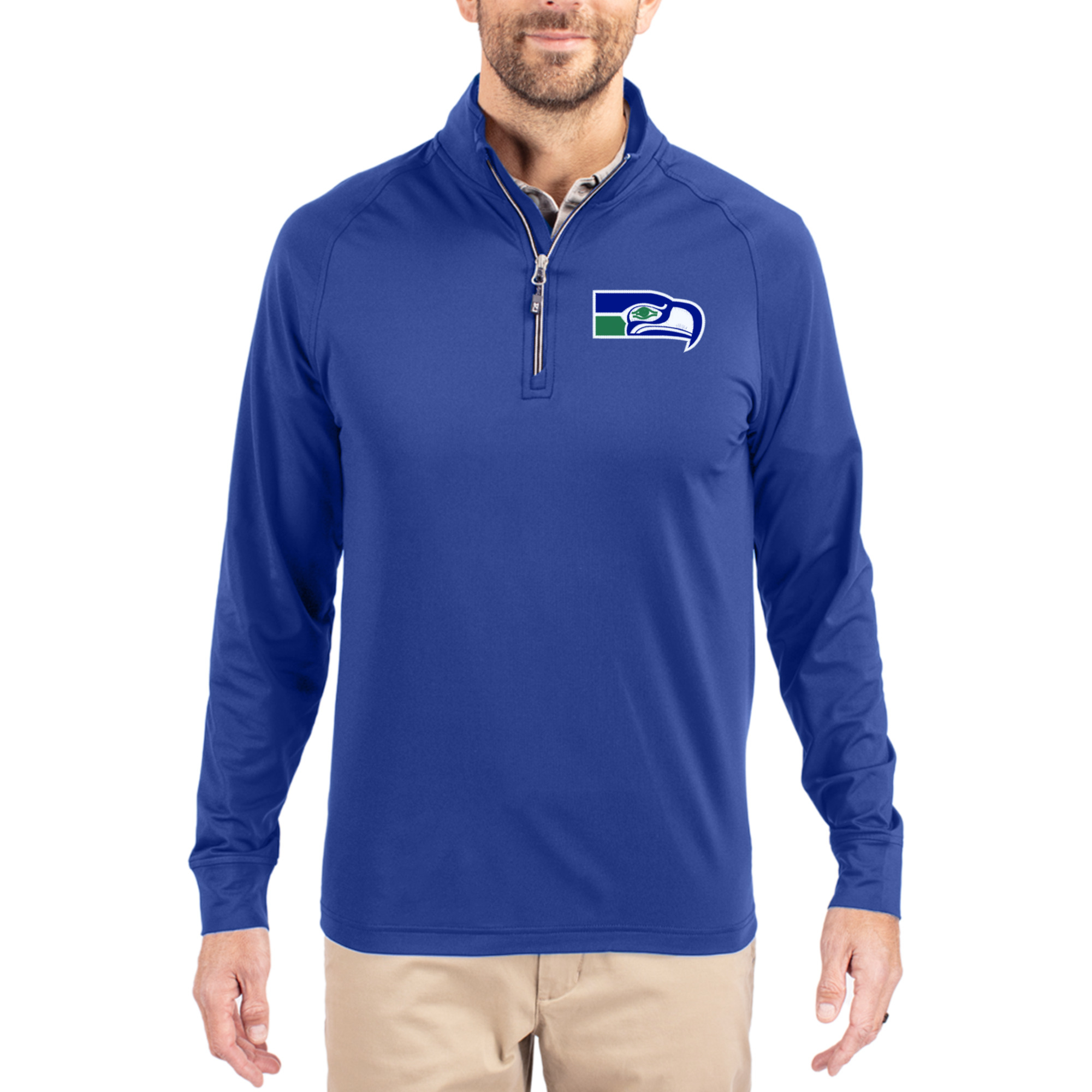 Men's Cutter & Buck Royal Seattle Seahawks Adapt Eco Knit Stretch Recycled Quarter-Zip Throwback Pullover Top