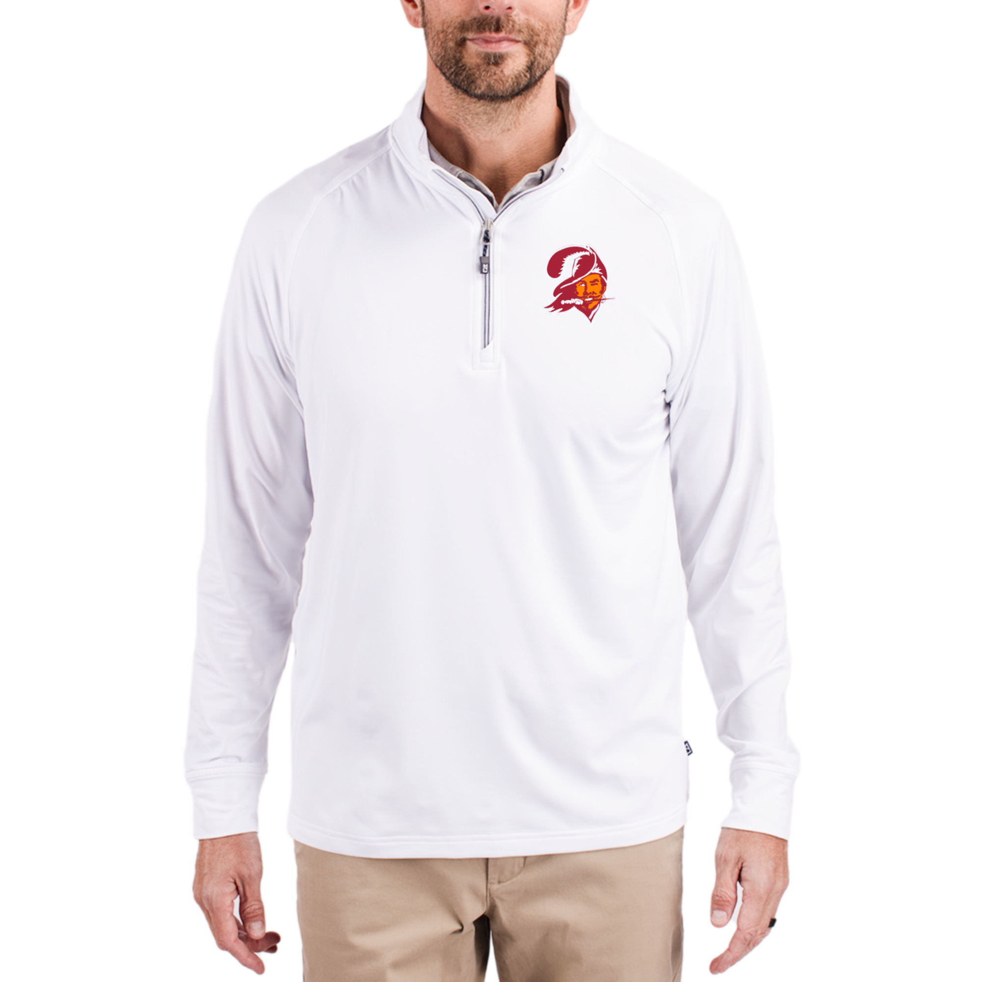 Men's Cutter & Buck White Tampa Bay Buccaneers Adapt Eco Knit Stretch Recycled Quarter-Zip Throwback Pullover Top