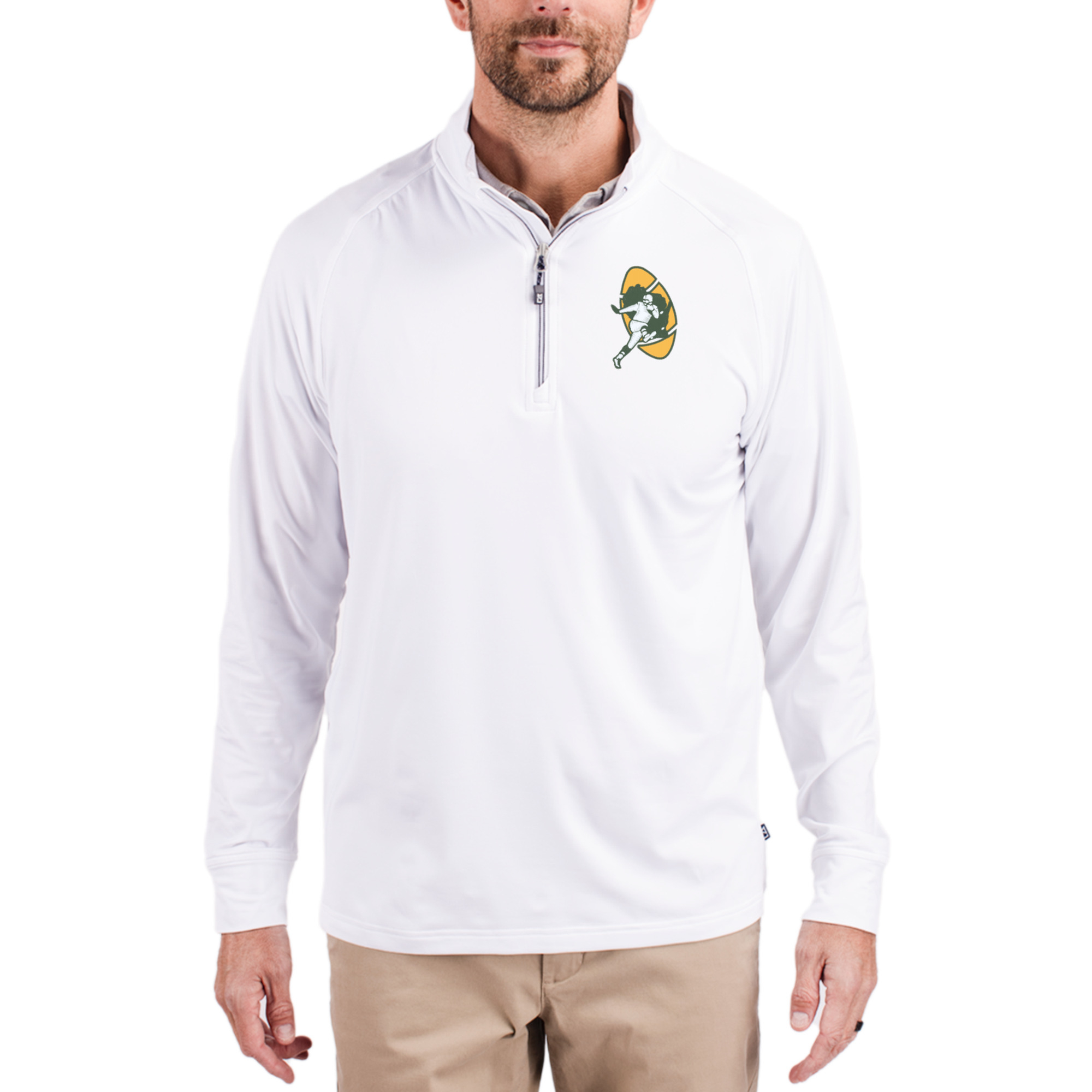 Men's Cutter & Buck White Green Bay Packers Adapt Eco Knit Stretch Recycled Quarter-Zip Throwback Pullover Top