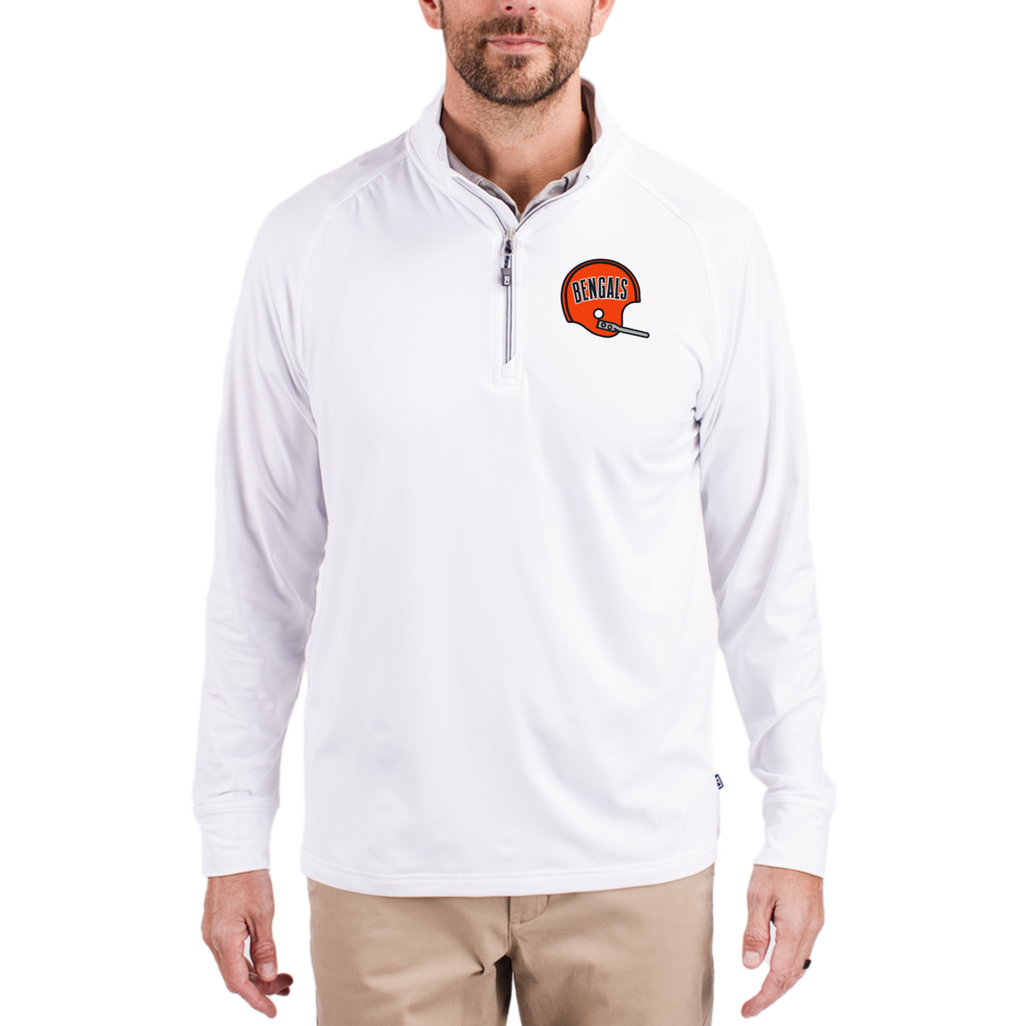 Men's Cutter & Buck White Cincinnati Bengals Adapt Eco Knit Stretch Recycled Quarter-Zip Throwback Pullover Top