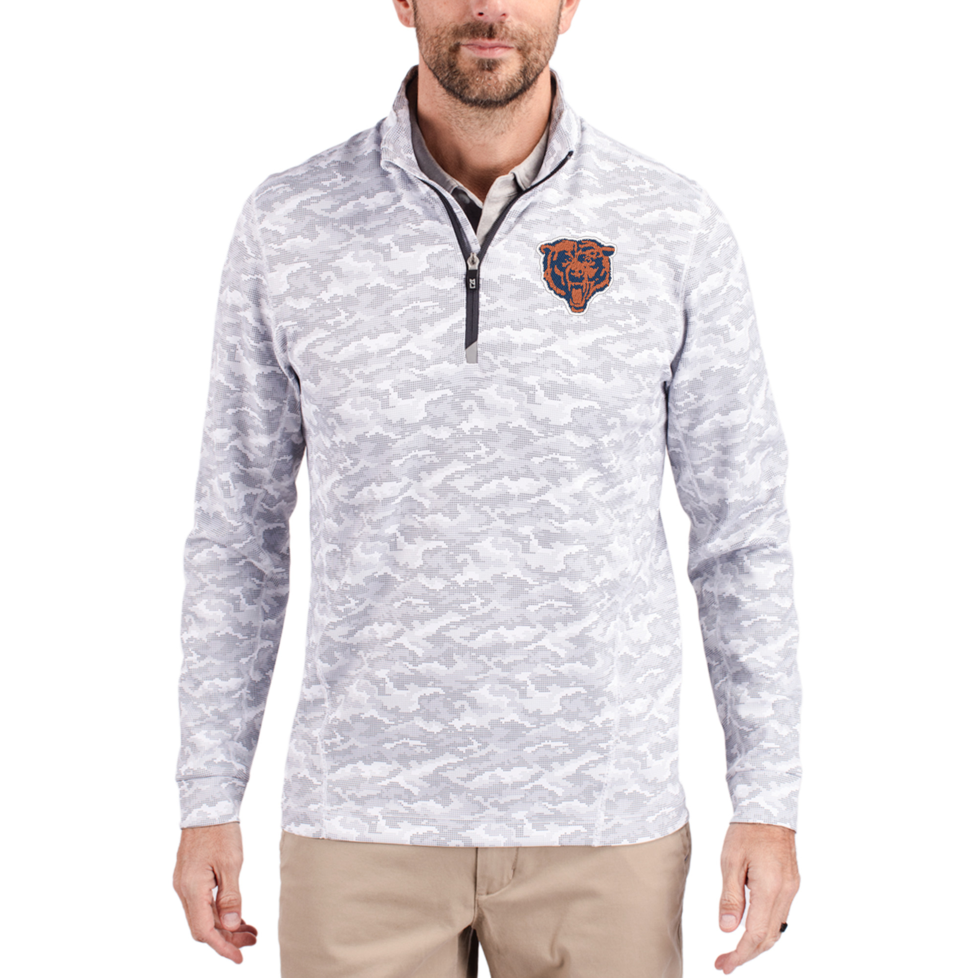 Men's Cutter & Buck Charcoal Chicago Bears Throwback Logo Traverse Camo Print Stretch Quarter-Zip Pullover Top