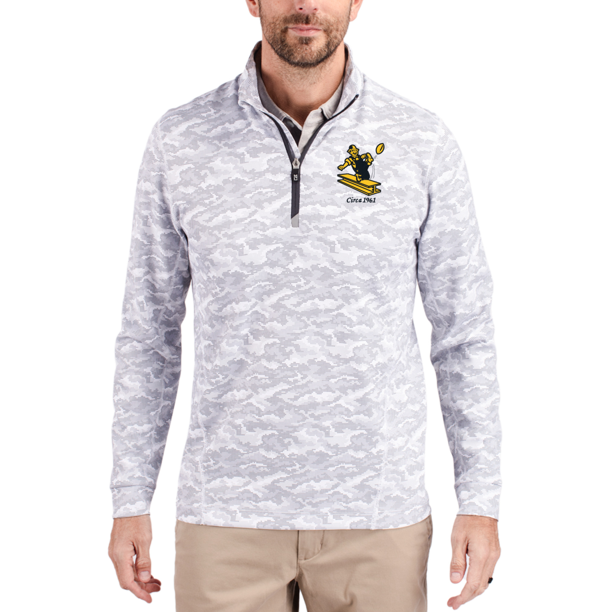 Men's Cutter & Buck Charcoal Pittsburgh Steelers Throwback Logo Traverse Camo Print Stretch Quarter-Zip Pullover Top