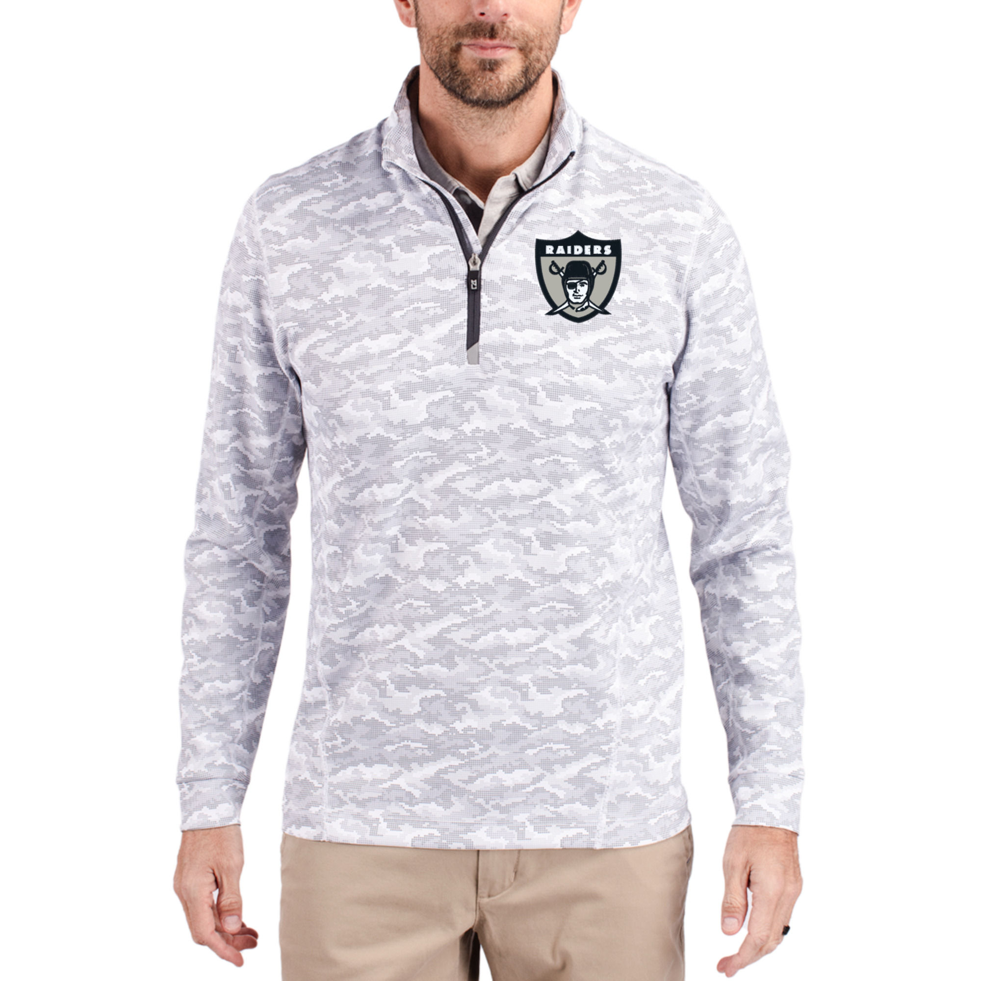 Men's Cutter & Buck Charcoal Las Vegas Raiders Throwback Logo Traverse Camo Print Stretch Quarter-Zip Pullover Top