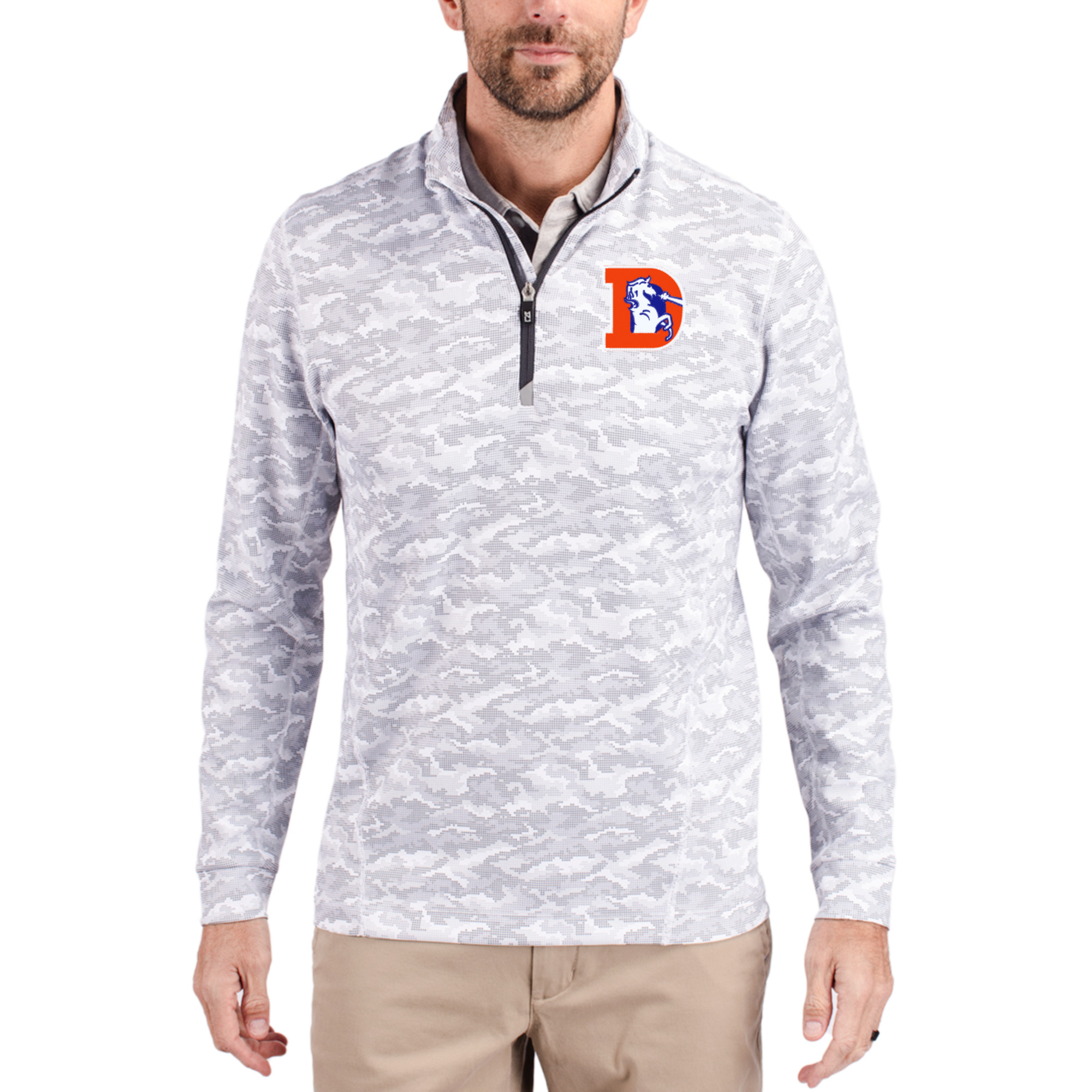Men's Cutter & Buck Charcoal Denver Broncos Throwback Logo Traverse Camo Print Stretch Quarter-Zip Pullover Top