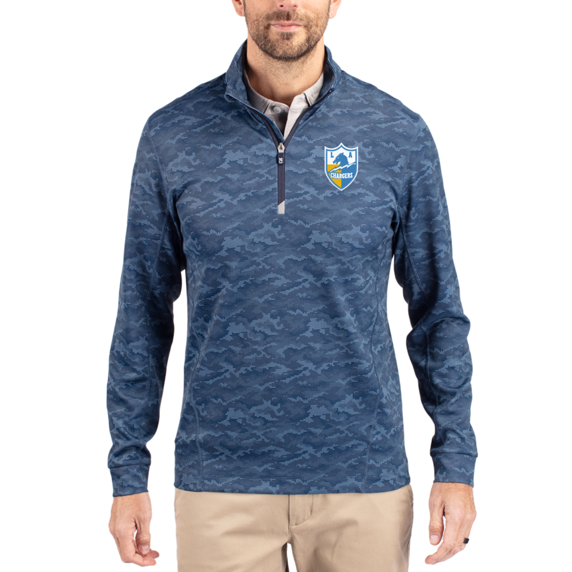 Men's Cutter & Buck Navy Los Angeles Chargers Throwback Logo Traverse Camo Print Stretch Quarter-Zip Pullover Top