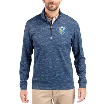 Men's Cutter & Buck Navy Los Angeles Chargers Throwback Logo Traverse Camo Print Stretch Quarter-Zip Pullover Top