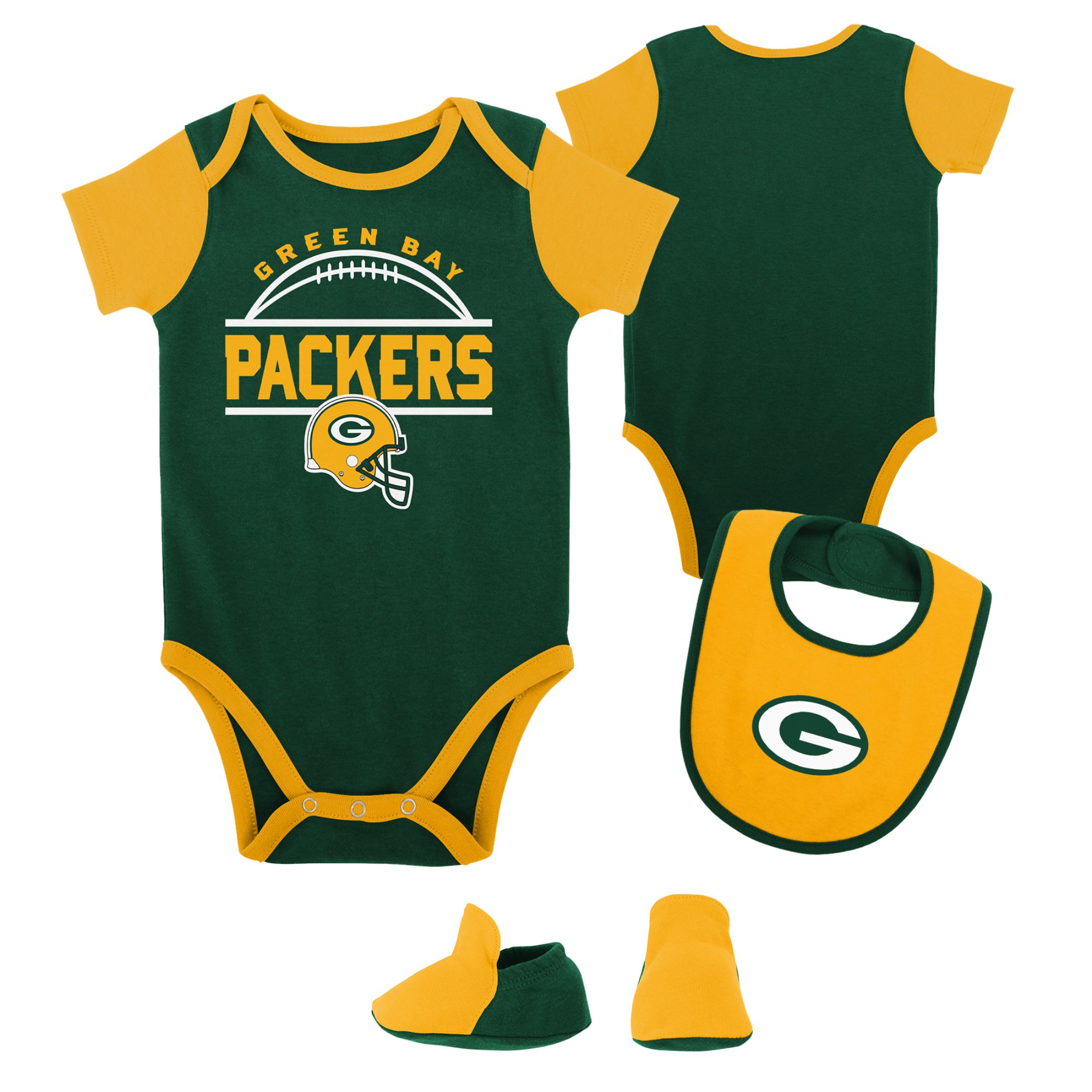 Newborn & Infant Green/Gold Green Bay Packers Home Field Advantage Three-Piece Bodysuit, Bib & Booties Set