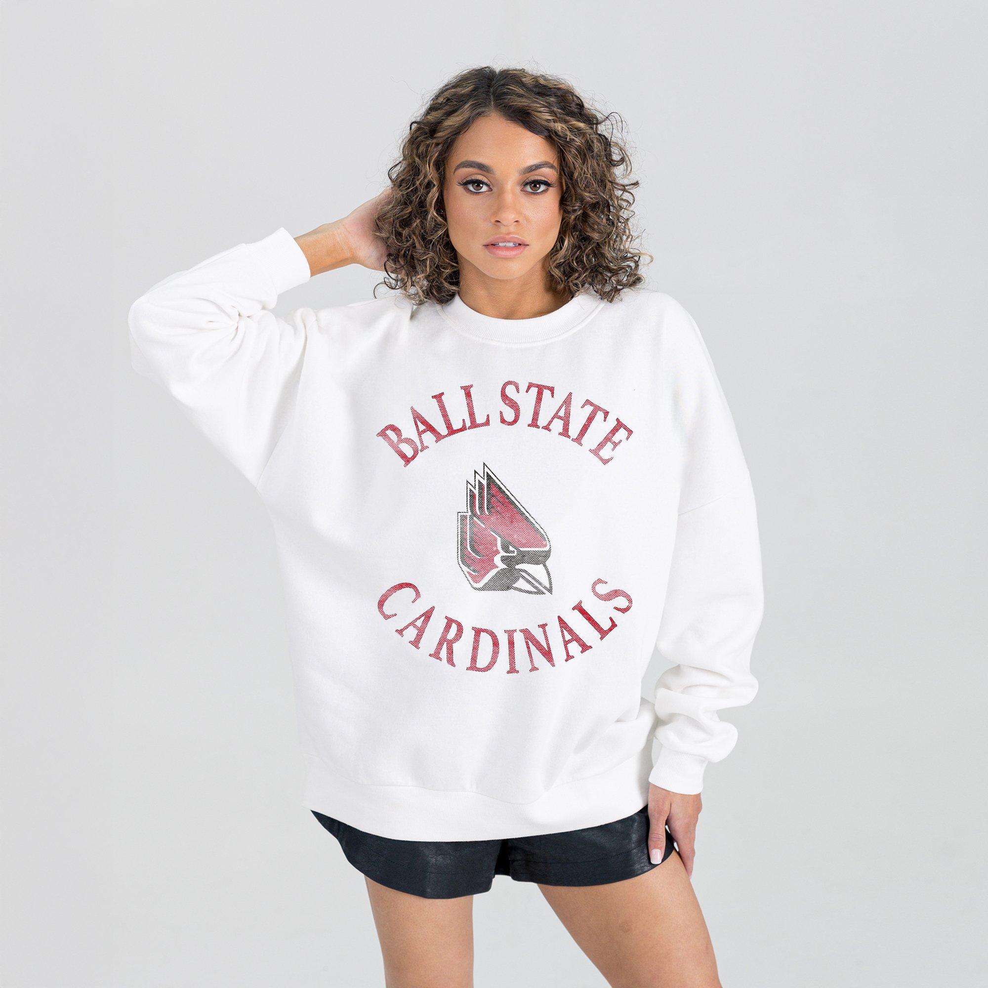 Women's Gameday Couture White Ball State Cardinals Oversized Good Vibes Premium Fleece Drop Shoulder Pullover Sweatshirt