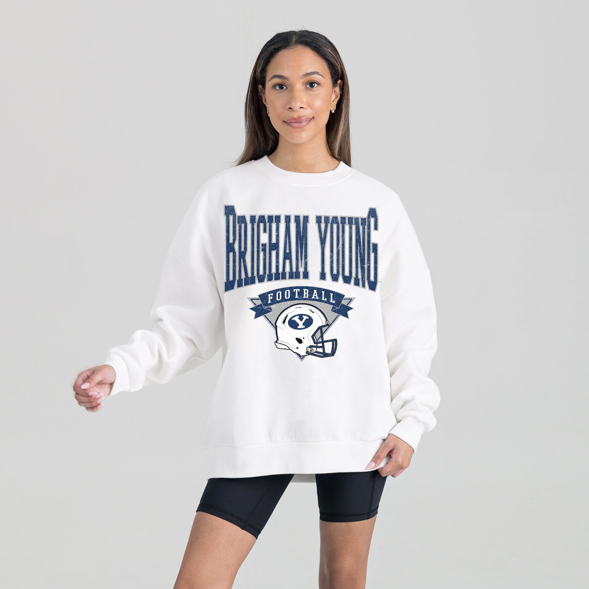 Women's Gameday Couture White BYU Cougars Oversized Good Vibes Premium Fleece Drop Shoulder Pullover Sweatshirt