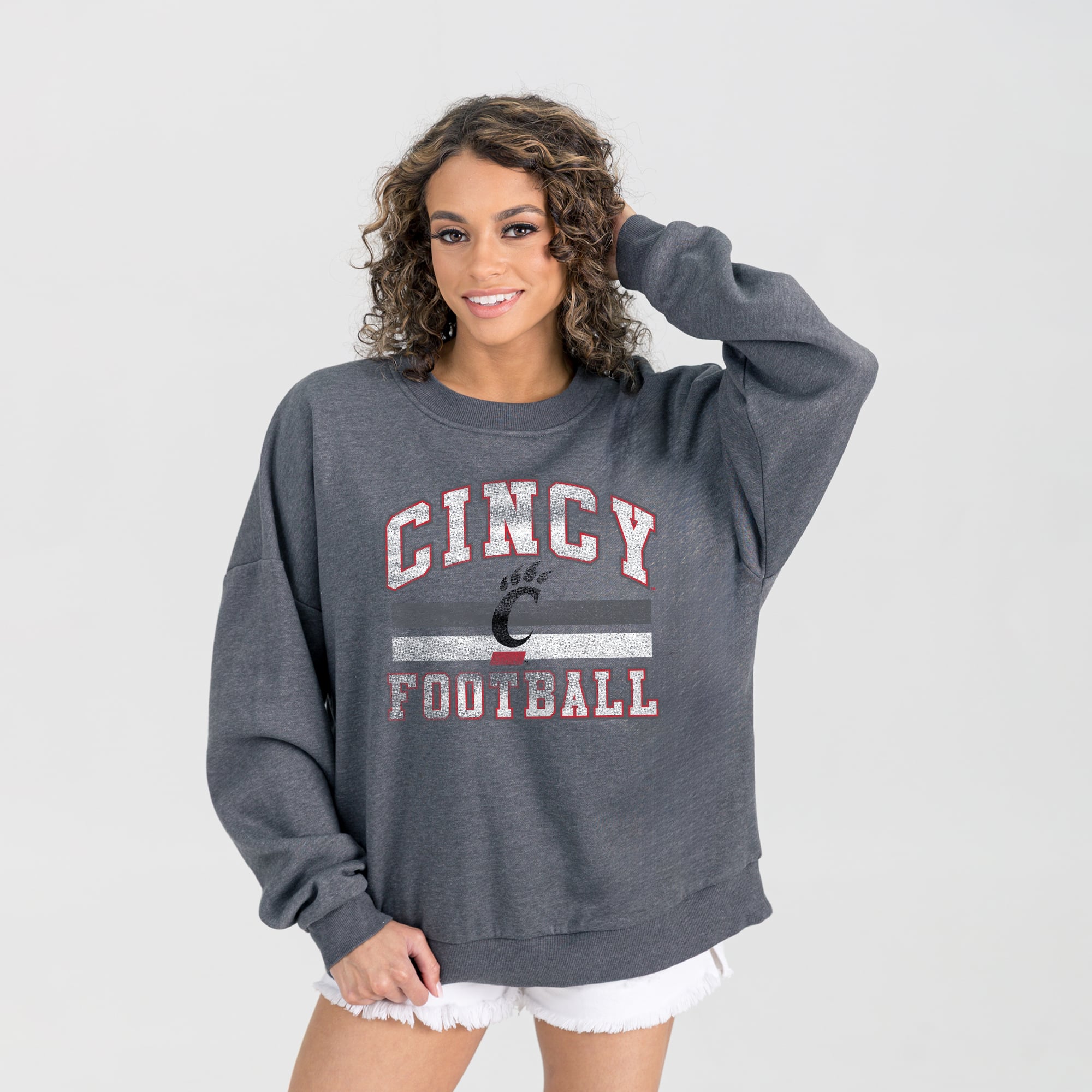 Women's Gameday Couture Charcoal Cincinnati Bearcats Oversized Good Vibes Premium Fleece Drop Shoulder Pullover Sweatshirt