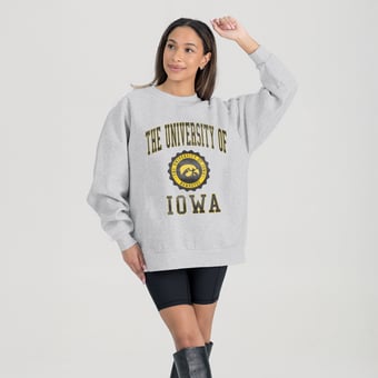 Women's Gameday Couture Steel Iowa Hawkeyes Oversized Good Vibes Premium Fleece Drop Shoulder Pullover Sweatshirt