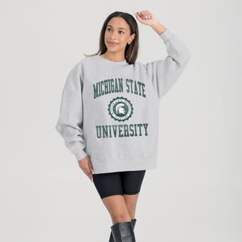 Women's Gameday Couture Steel Michigan State Spartans Oversized Good Vibes Premium Fleece Drop Shoulder Pullover Sweatshirt