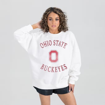 Women's Gameday Couture White Ohio State Buckeyes Oversized Good Vibes Premium Fleece Drop Shoulder Pullover Sweatshirt
