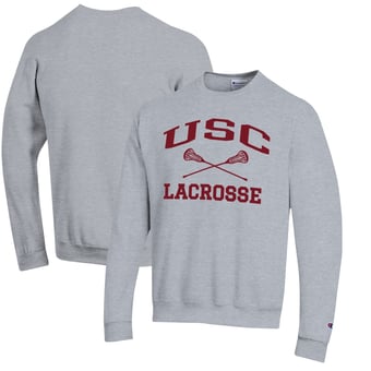Men's Champion Heather Gray USC Trojans Lacrosse Icon Powerblend Pullover Sweatshirt