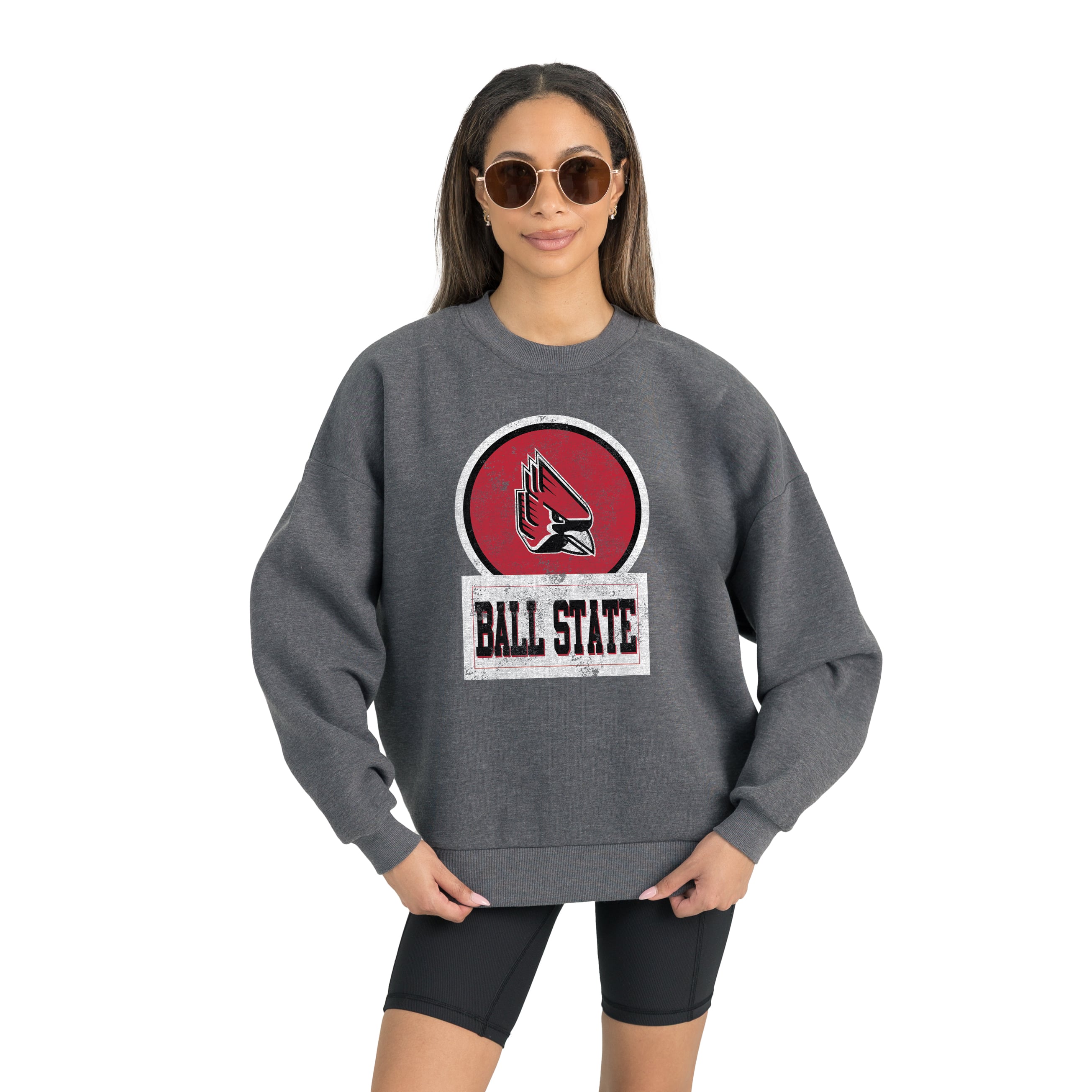 Women's Gameday Couture Ball State Cardinals Charcoal Oversized Drop Shoulder Fleece Drop Pullover Sweatshirt