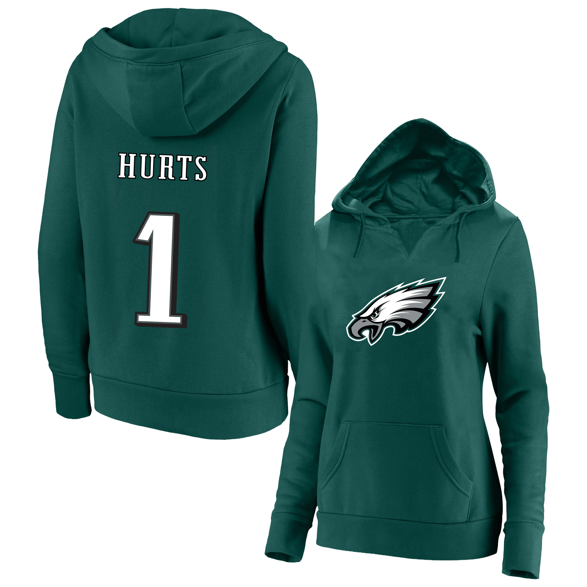 Women's Fanatics Jalen Hurts Midnight Green Philadelphia Eagles Plus Size Player Name & Number Notch Neck Hoodie
