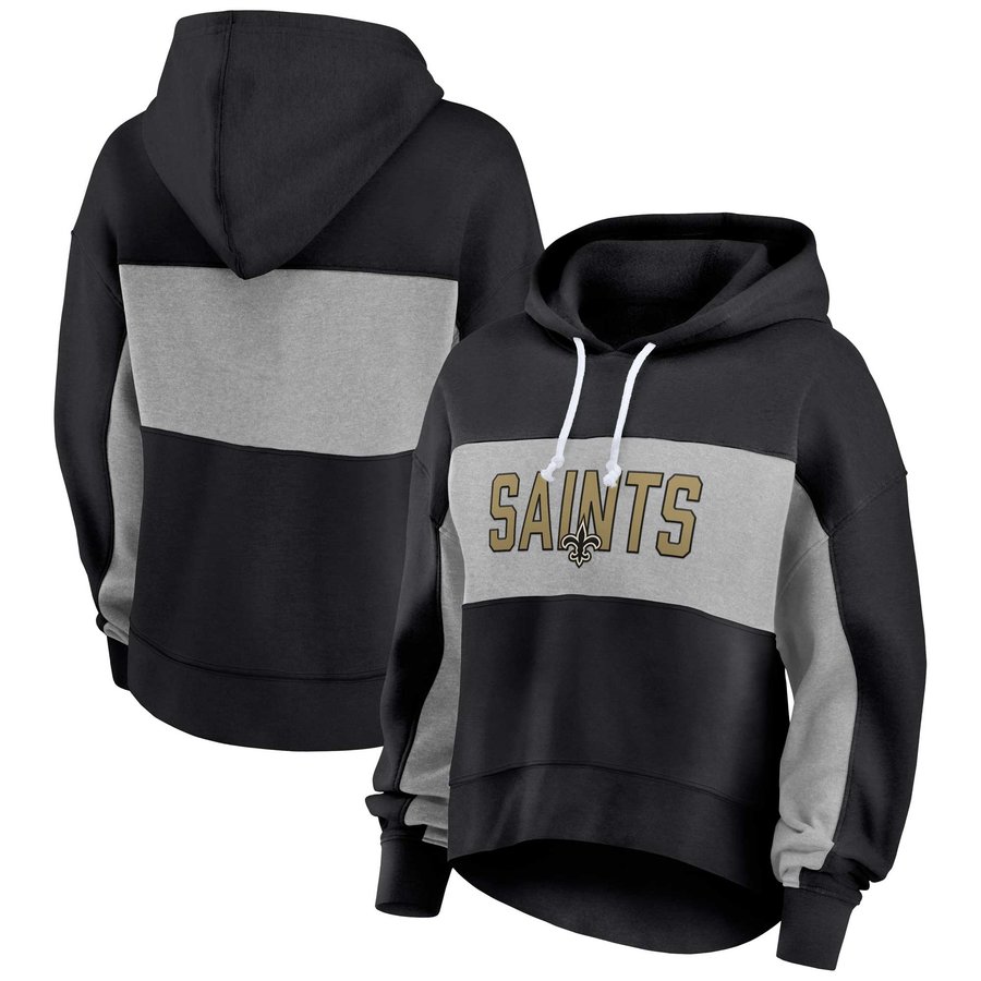 Women's Fanatics Black New Orleans Saints Filled Stat Sheet Lighweight Modest Crop Hoodie