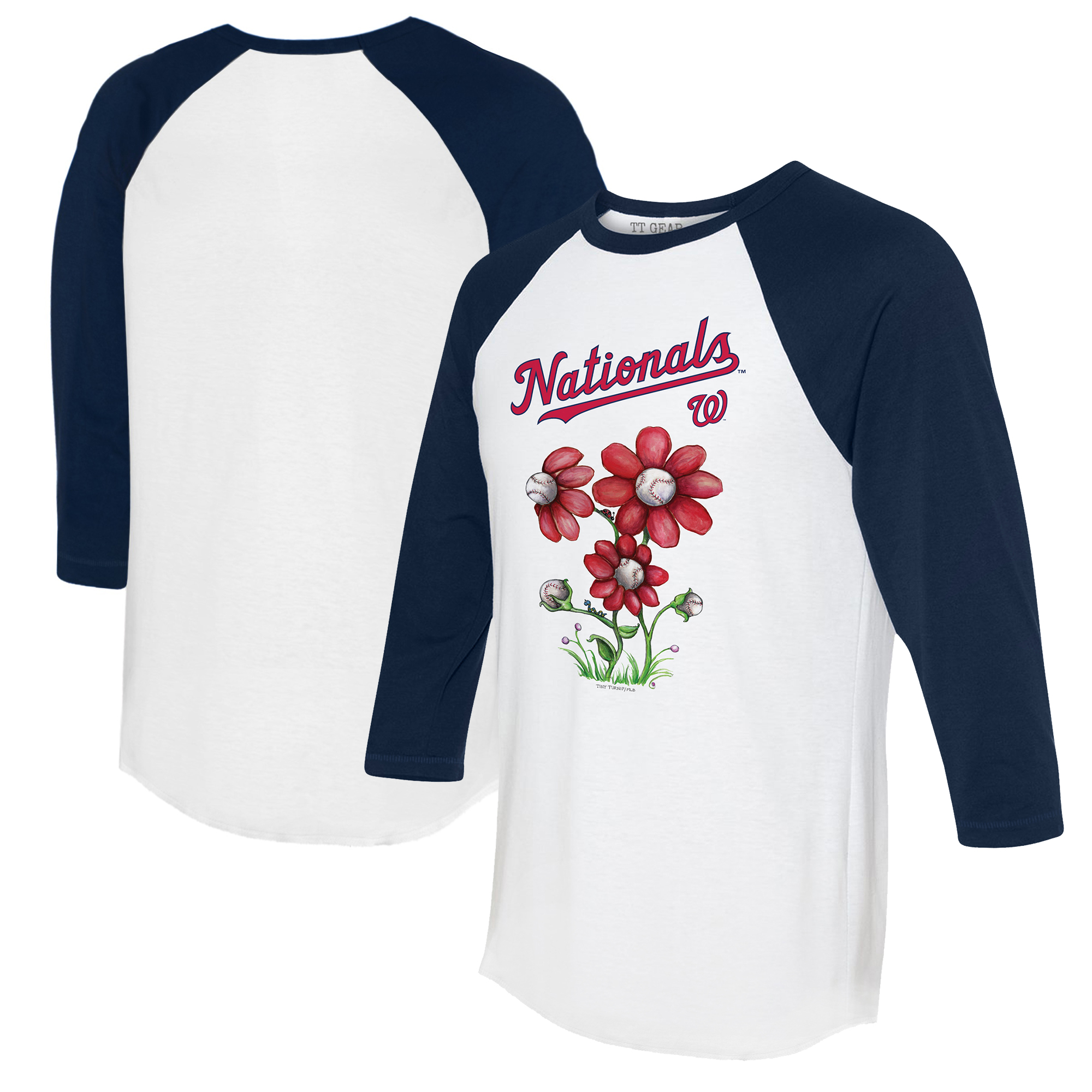 Women’s Tiny Turnip White/Navy Washington Nationals Blooming Baseballs 3/4-Sleeve Raglan T-Shirt Women’s Tiny Turnip White/Navy Washington Nationals Blooming Baseballs 3/4-Sleeve Raglan T-Shirt