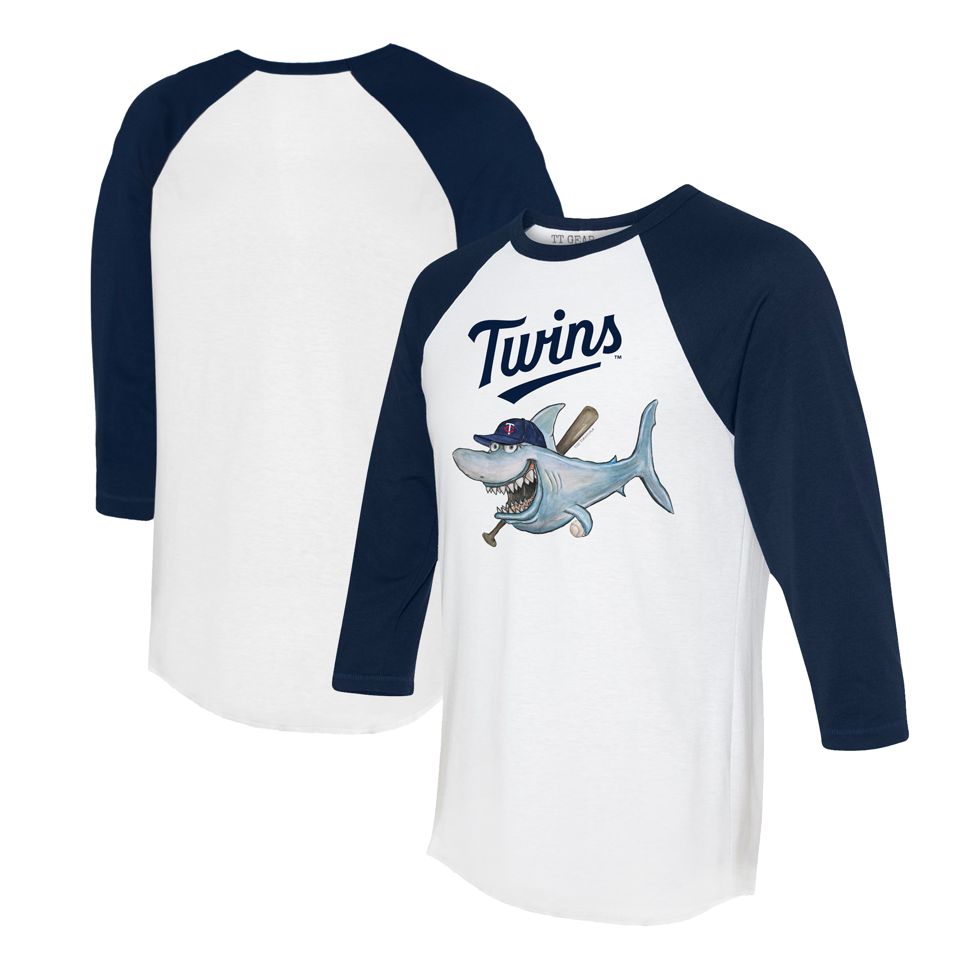 Women’s Tiny Turnip White/Navy Minnesota Twins Shark 3/4-Sleeve Raglan T-Shirt Women’s Tiny Turnip White/Navy Minnesota Twins Shark 3/4-Sleeve Raglan T-Shirt