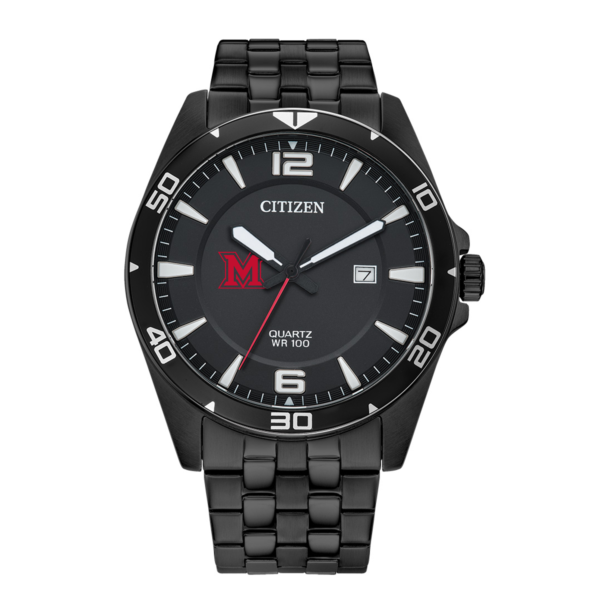 Men's Miami University RedHawks Citizen Quartz Black-Tone Stainless Steel Watch
