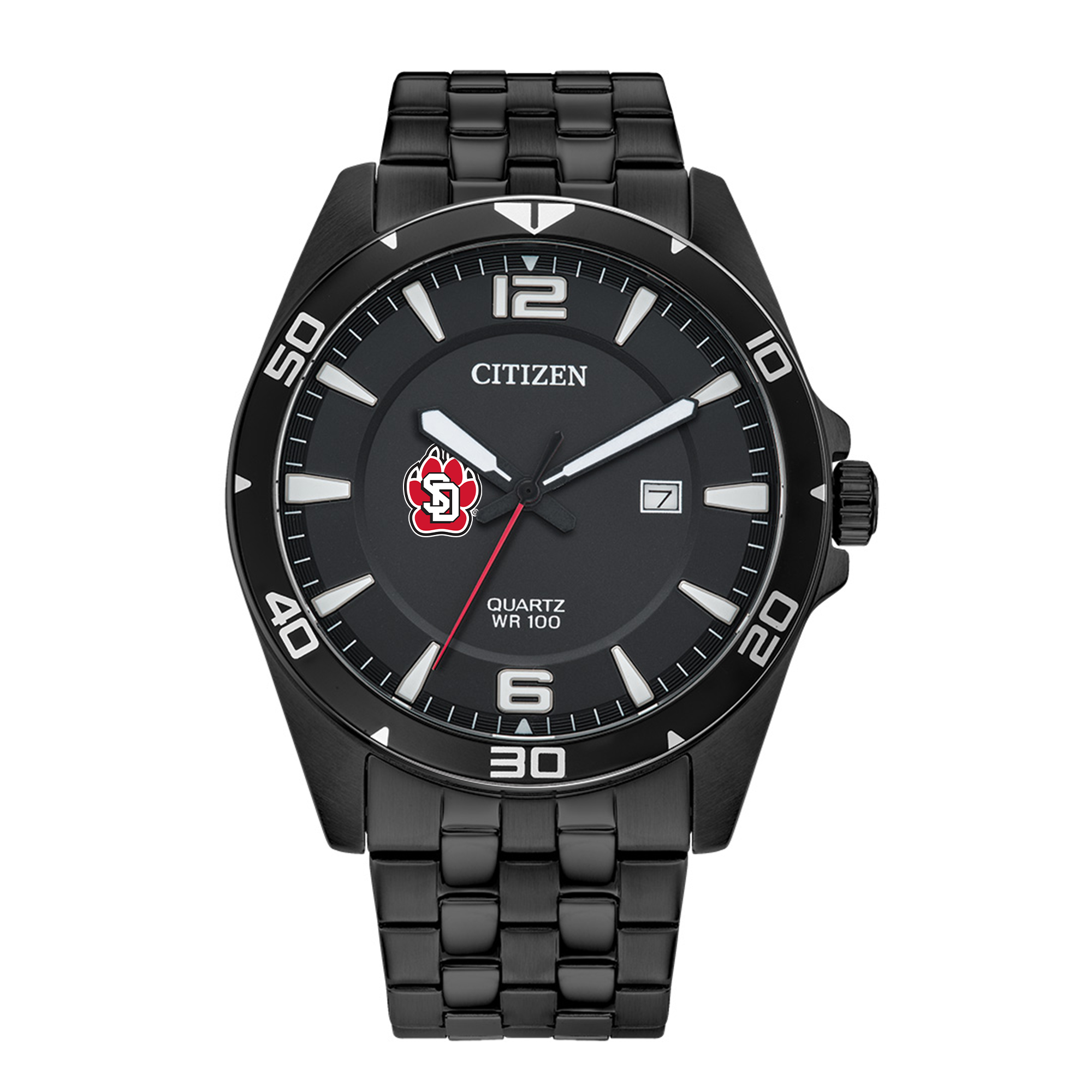 Men's South Dakota Coyotes Citizen Quartz Black-Tone Stainless Steel Watch