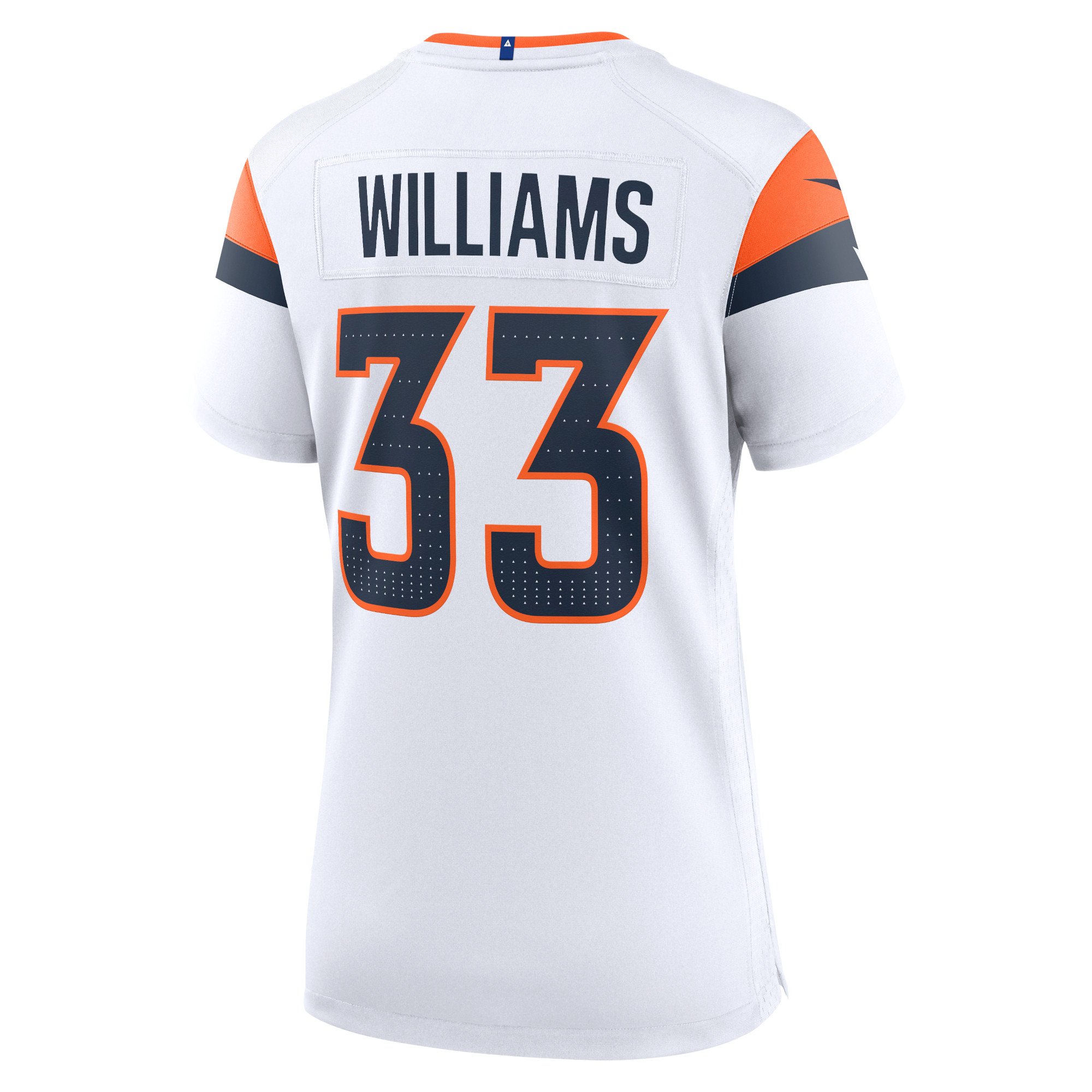 Denver Broncos Nike Road Game Jersey - White - Javonte Williams - Womens, , rebel_hi-res