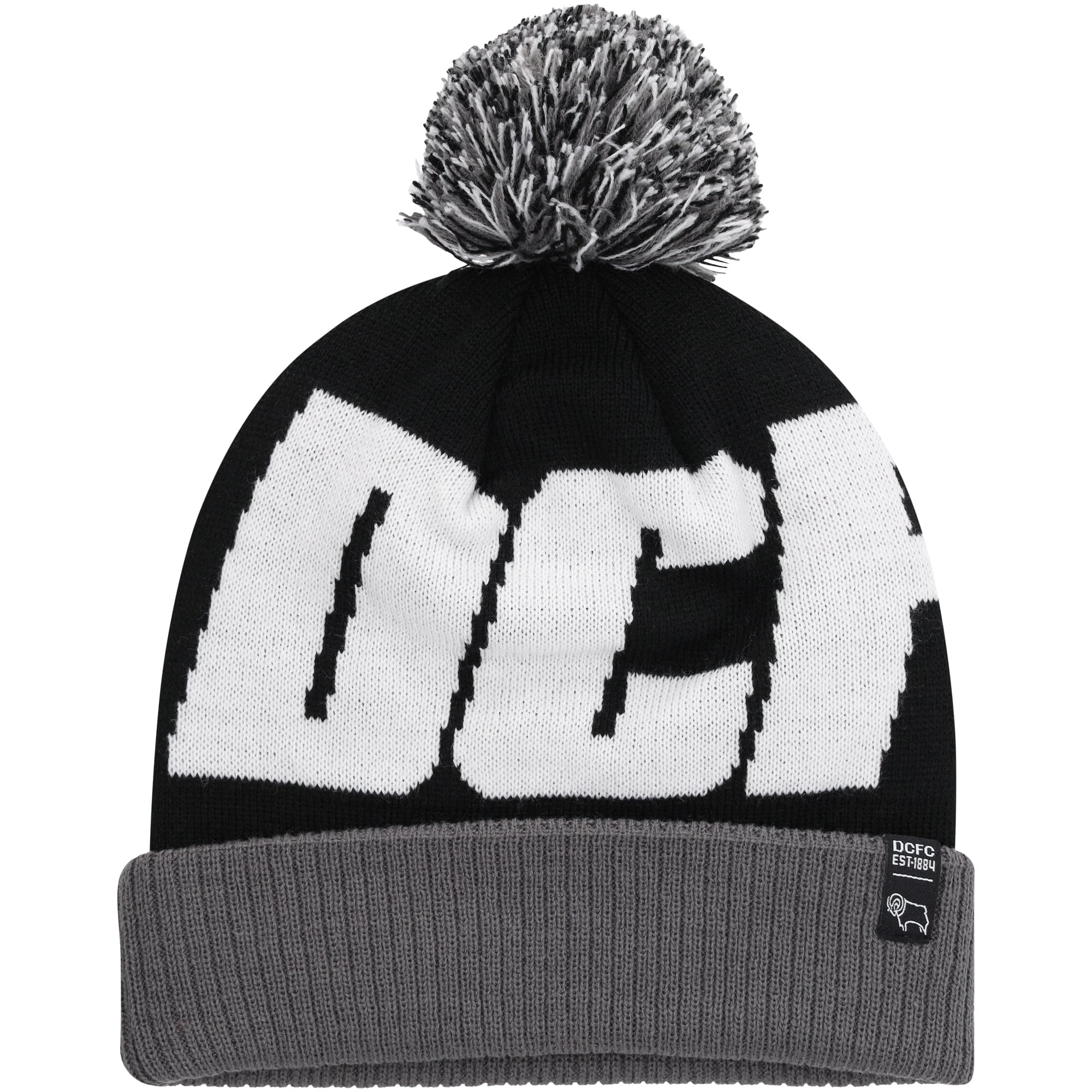 Derby County Oversized Wordmark Pom Beanie - Black - Kids, , rebel_hi-res