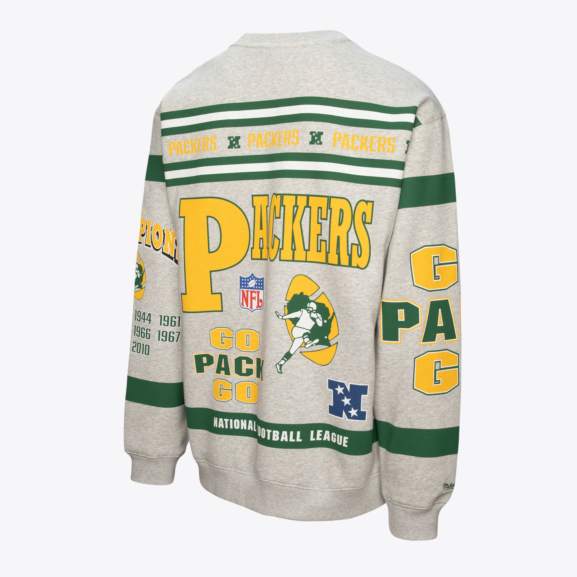 Green Bay Packers Mitchell & Ness AOP Fleece Crew - Grey Heather - Mens, , rebel_hi-res