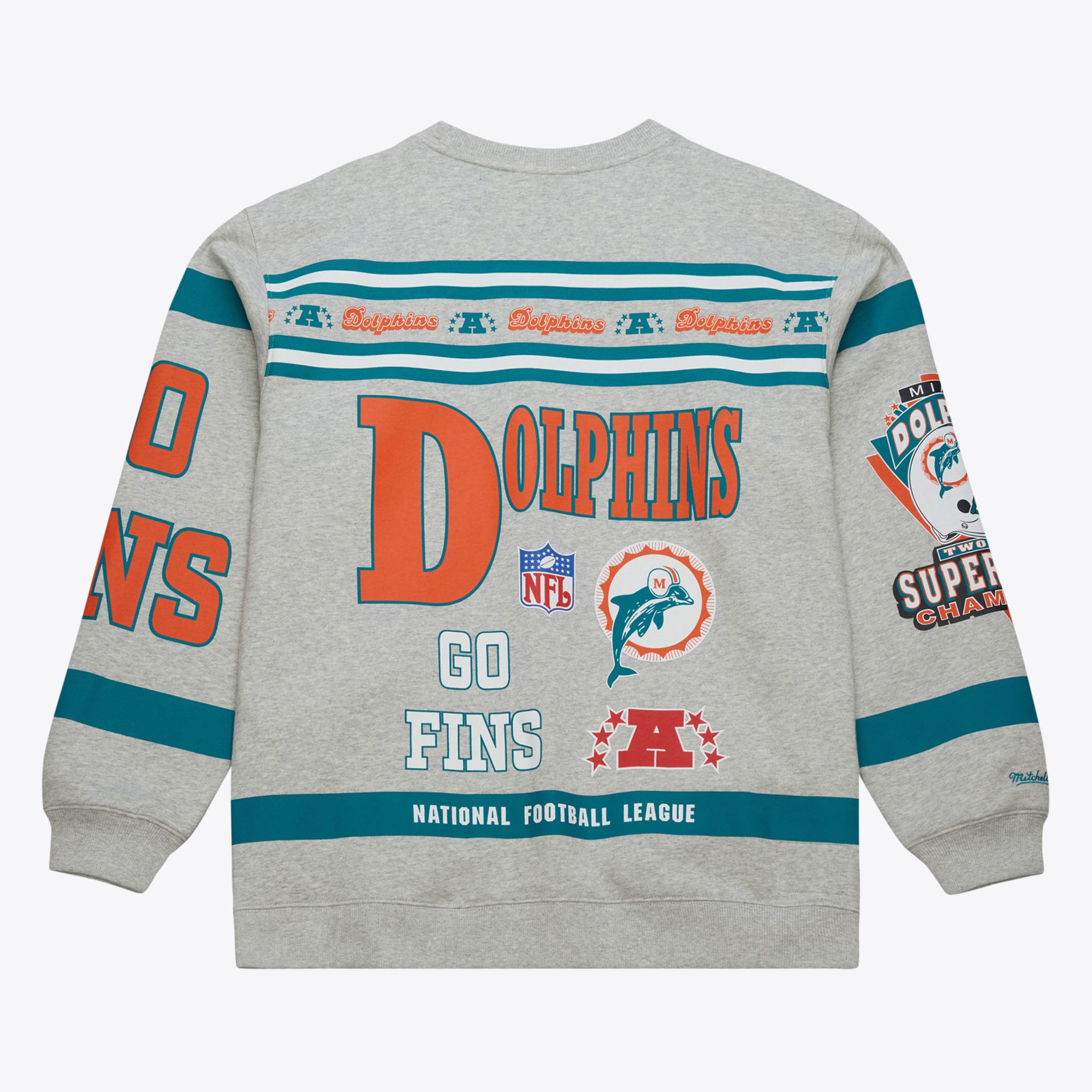 Miami Dolphins Mitchell & Ness AOP Fleece Crew - Grey Heather - Mens, , rebel_hi-res