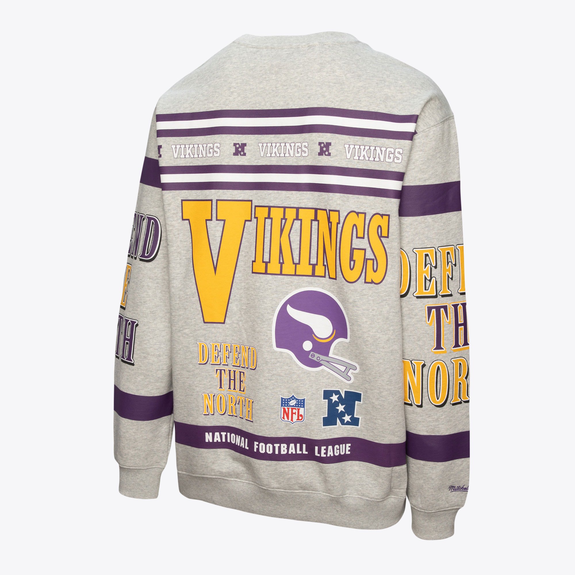 Minnesota Vikings Mitchell & Ness AOP Fleece Crew - Grey Heather - Mens, , rebel_hi-res