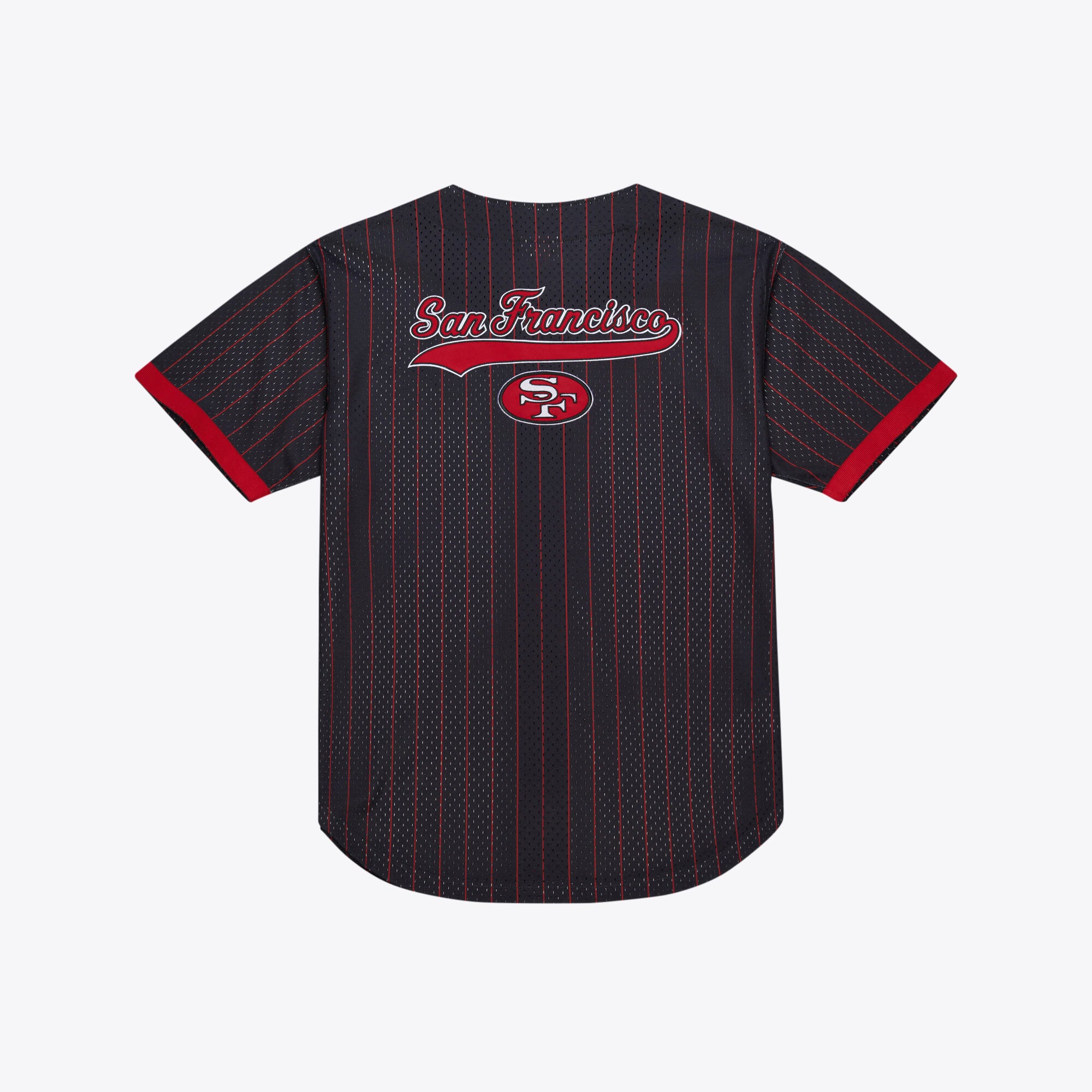 San Francisco 49ers Mitchell & Ness Final Seconds Striped Mesh Baseball Jersey - Scarlet - Mens, , rebel_hi-res